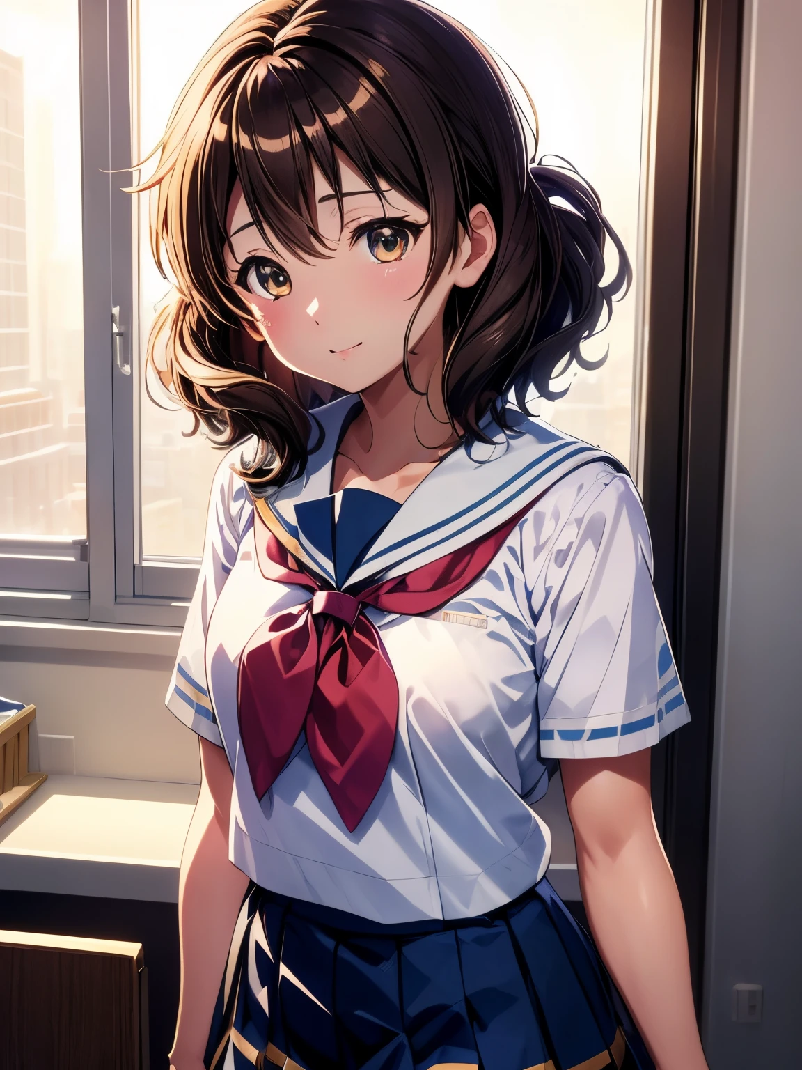 kumiko,1 girl, gray hair, short hair, koneko uniform, school uniform, white shirt, skirt, red skirt, black ribbon, 1 girl, Kumiko Kozen, clear image:1, (correct anatomy:1.2), (highest quality:1.2), best illumination, (best shadow:1.1), High resolution, (ray tracing:1), reflected light, (high detail clothing:1.3), ((figure:1.1)), ((masterpiece)), (((highest quality))), ((beautiful and fine eyes)), (extremely detailed CG unity 8k wallpaper:1), ((super detailed:1)), colorful, wallpaper, (perfect artwork:1), (beautiful face:1), pure face, detailed background, (fine hands, five fingers), beautiful face立ち