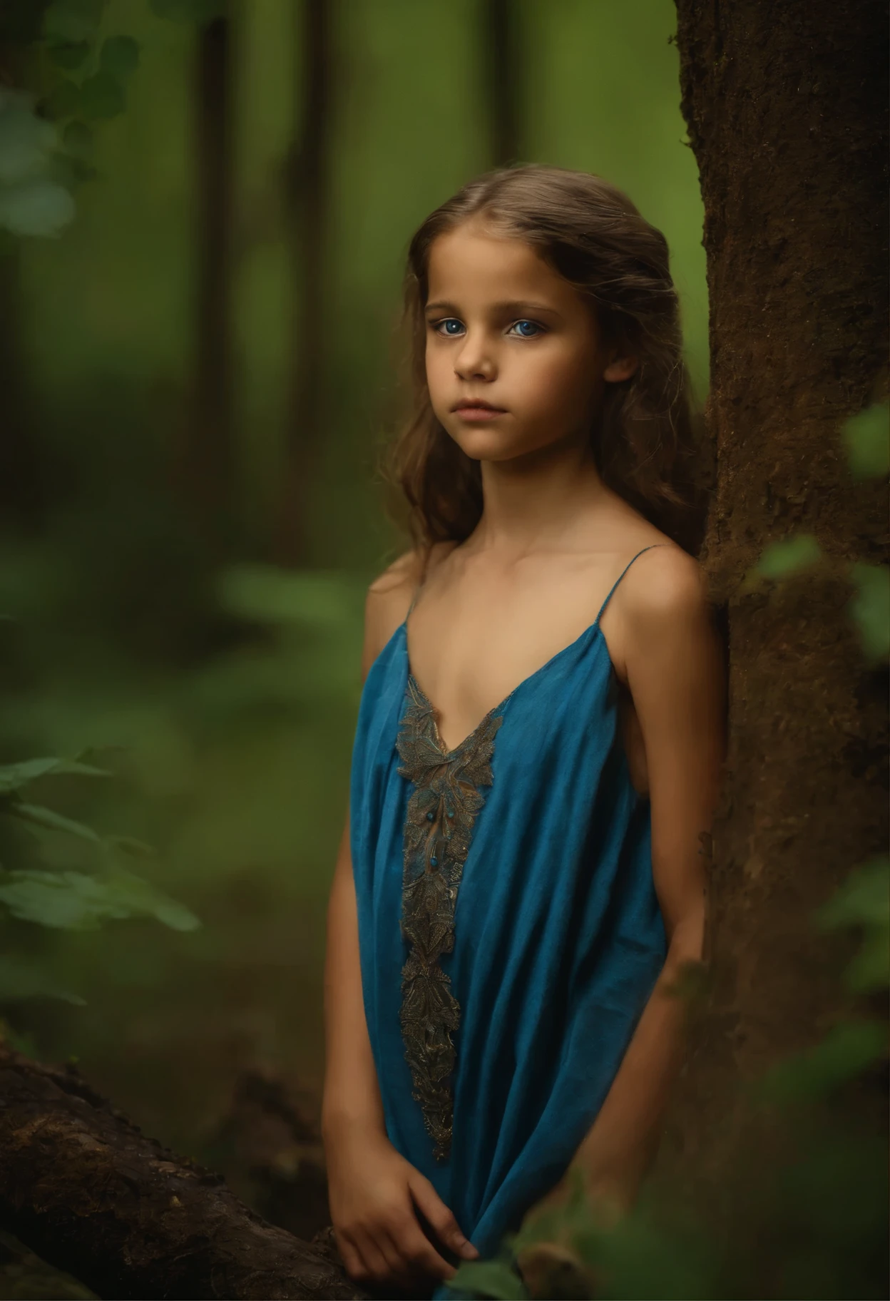 Arafed girl in blue dress standing in the woods - SeaArt AI