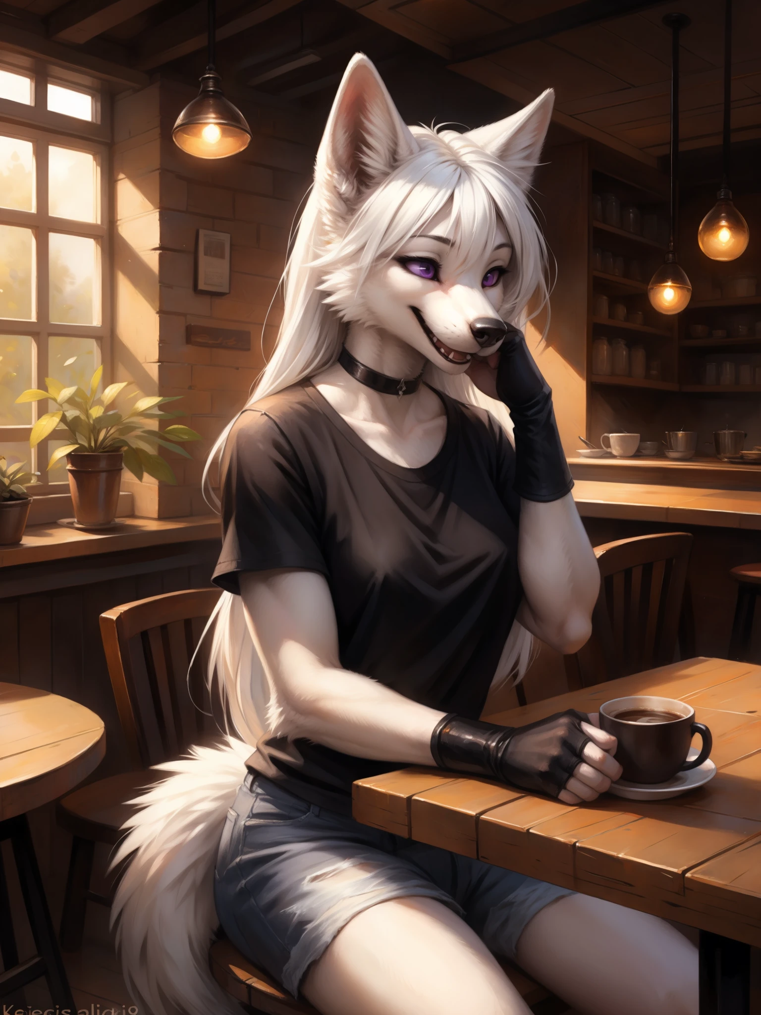 by kenket, by totesfleisch8, (by thebigslick, by silverfox5213:0.8), (by syuro:0.2), an all white wolf, female, purple eyes, white sclera, white wolf ears, long white hair, long white bangs, hair parted in the middle, cute snout, black nose, wolf tail, wearing black t shirt, black arm warmers, fingerless black gloves, black choker, jean shorts, black boots, indoors, in a cafe, sitting, behind a table, a cup of coffee in front of her, front view, hands on her face, resting elbows on table, mouth open, laughing, squinting eyes