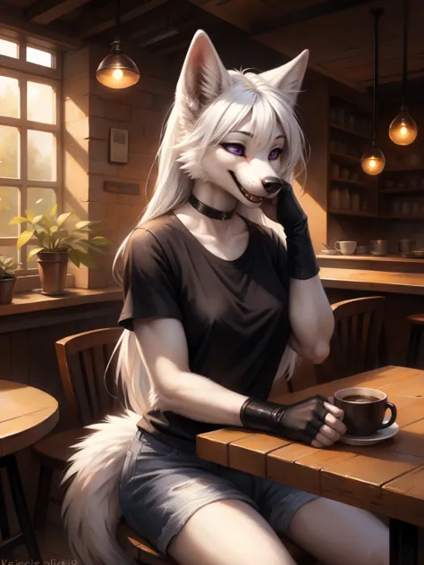 by kenket, by totesfleisch8, (by thebigslick, by silverfox5213:0.8), (by syuro:0.2), an all white wolf, female, purple eyes, whi...