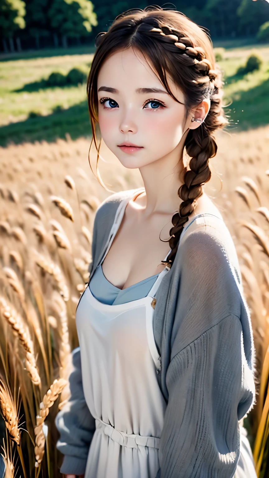 一人の女性、かわいい顔、また々新しい表現、日本語、魅力的な目、クリーム色の髪、フレンチブレイド、18歳、灰色の目、キャミソールドレス、青いアウター、屋外、またとした佇まい、小麦畑、