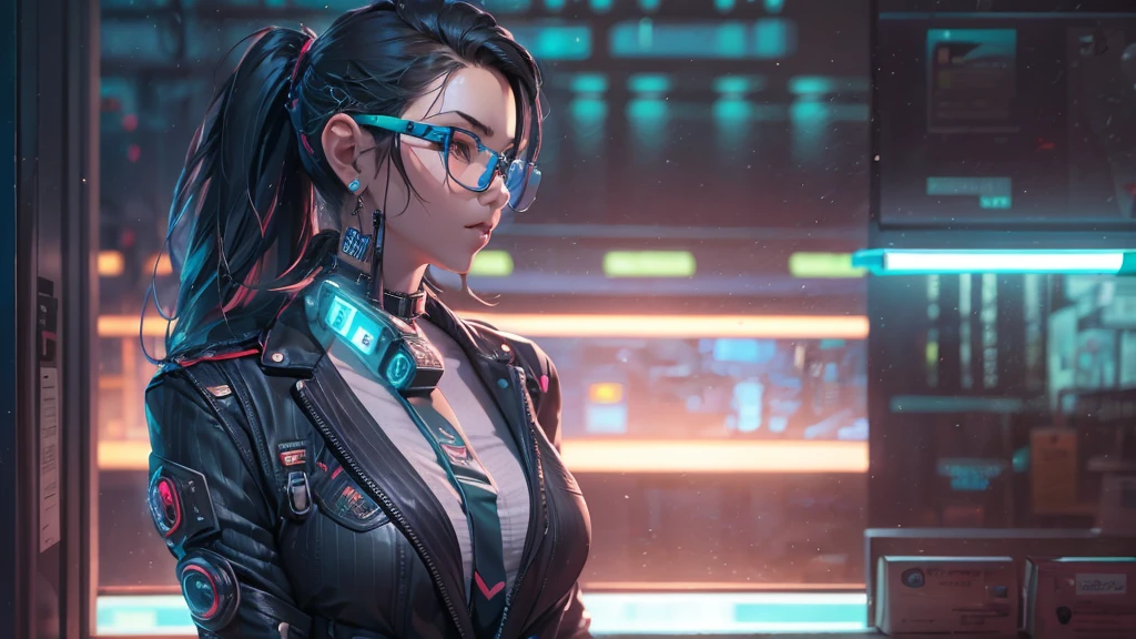 cyberpunk, young woman 1, future office background, secretary, women&#39;s office suits, Focus on face and upper body, perfect face, perfect body, glasses, ultra high definition, high detail, 8K