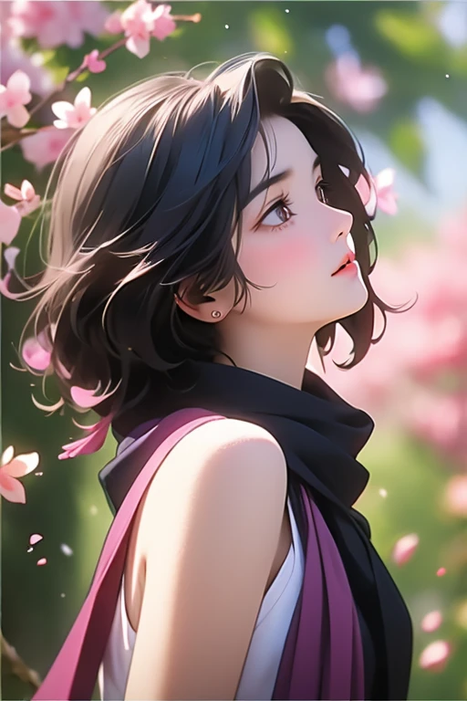 1girl, bird, black eyes, black hair, blurry, blurry background, cherry blossoms, lips, long-tailed tit, looking up, medium hair, profile, scarf, solo, tit (bird) , ((masterpiece))