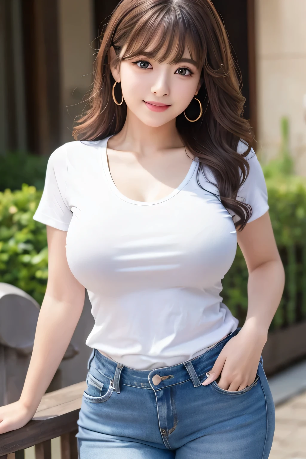 A woman in white shirt and jeans posing for a picture - SeaArt AI