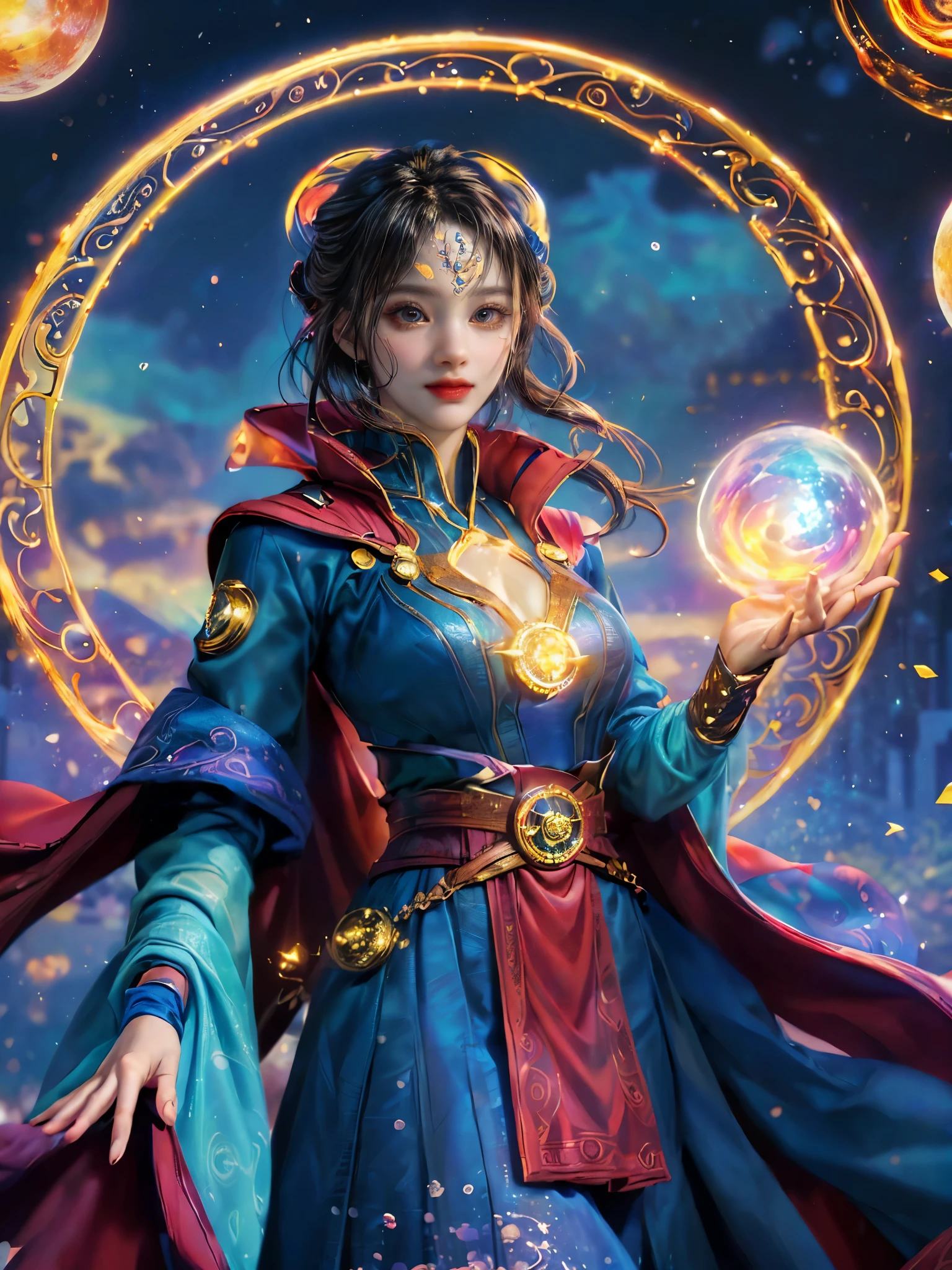 Sparkling, Marvel Universe Doctor Strange world, ((1 beautiful girl wearing Doctor Strange clothes: 1.2, sweet smile: 1.2)), the moon is empty, beautiful girl dressed as Doctor Strange, teaching wand, (hands wrapped around Magic light: 1.5), sky, full moon, fantasy magic style and other decorations, dreamy world, cute cartoon design style, Bubble Mart, bright colors, bright, 1.4 times realism, ultra-high definition, everything is displayed here in beautiful scene, (花卉水彩画:1.5), (Ultra high saturation, bright and vivid colors: 1.5), (nsfw), (Facing the viewer: 1.5)