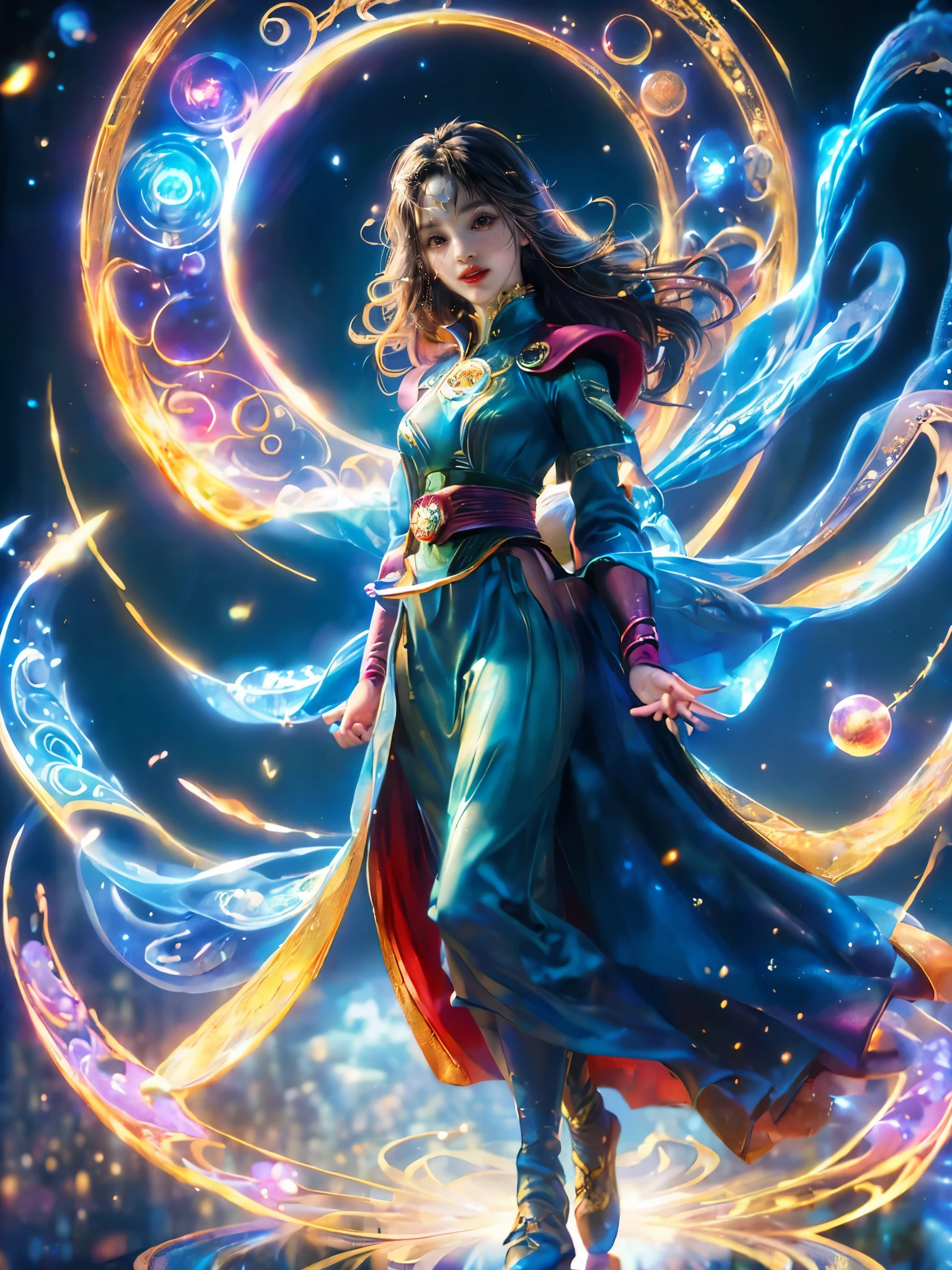 Sparkling, Marvel Universe Doctor Strange world, ((1 beautiful girl wearing Doctor Strange clothes: 1.2, sweet smile: 1.2)), the moon is empty, beautiful girl dressed as Doctor Strange, teaching wand, (hands wrapped around Magic light: 1.5), sky, full moon, fantasy magic style and other decorations, dreamy world, cute cartoon design style, Bubble Mart, bright colors, bright, 1.4 times realism, ultra-high definition, everything is displayed here in beautiful scene, (花卉水彩画:1.5), (Ultra high saturation, bright and vivid colors: 1.5), (nsfw), (Facing the viewer: 1.5)