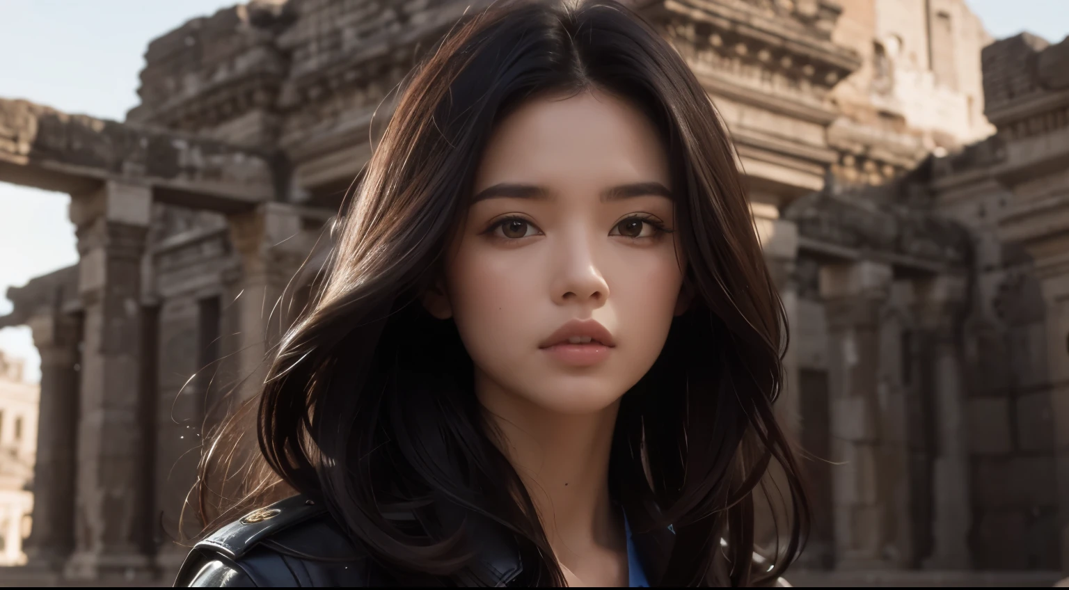 Upper body close-up image. A beautiful woman stands in front of ancient ruins. She has long dark brown hair. wearing a jacket. He is in his mid-twenties. Serious look.