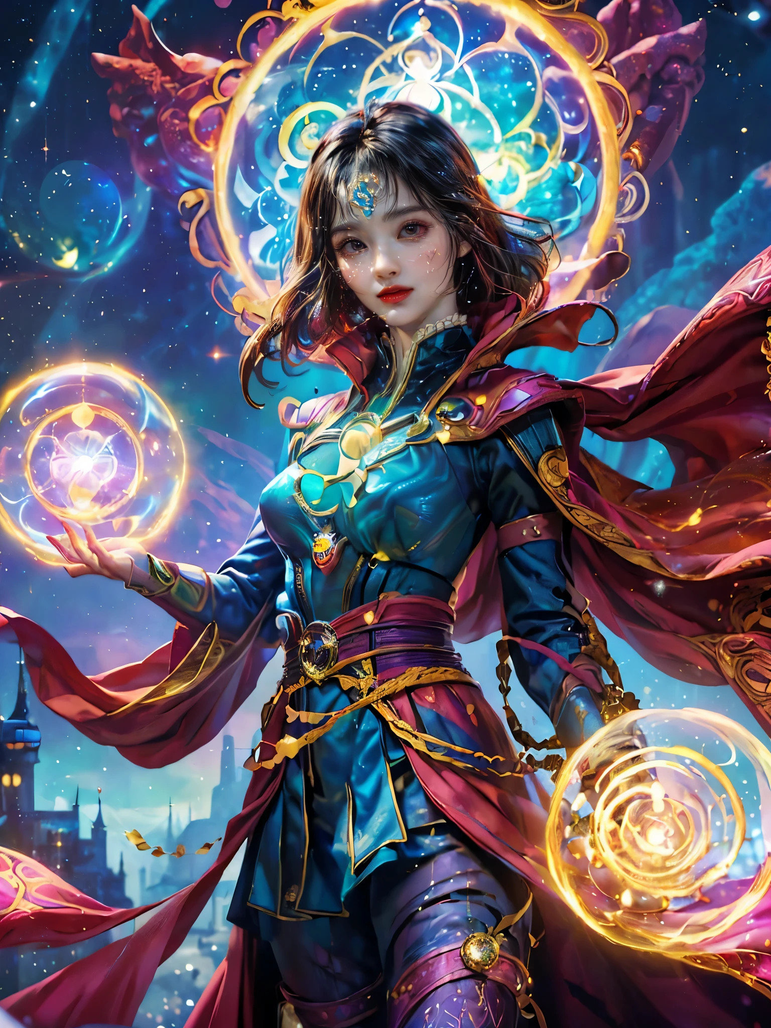 Sparkling, Marvel Universe Doctor Strange world, ((1 beautiful girl wearing Doctor Strange clothes: 1.2, sweet smile: 1.2)), the moon is empty, beautiful girl dressed as Doctor Strange, teaching wand, (hands wrapped around Magic light: 1.5), sky, full moon, fantasy magic style and other decorations, dreamy world, cute cartoon design style, Bubble Mart, bright colors, bright, 1.4 times realism, ultra-high definition, everything is displayed here in beautiful scene, (花卉水彩画:1.5), (Ultra high saturation, bright and vivid colors: 1.5), (nsfw), (Facing the viewer: 1.5)