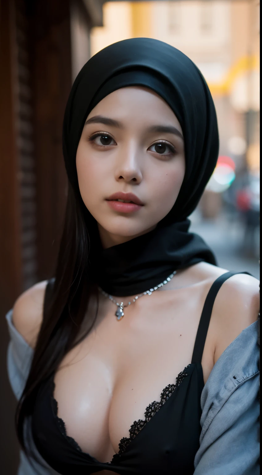 A close up of a woman wearing a black top and a black scarf - SeaArt AI