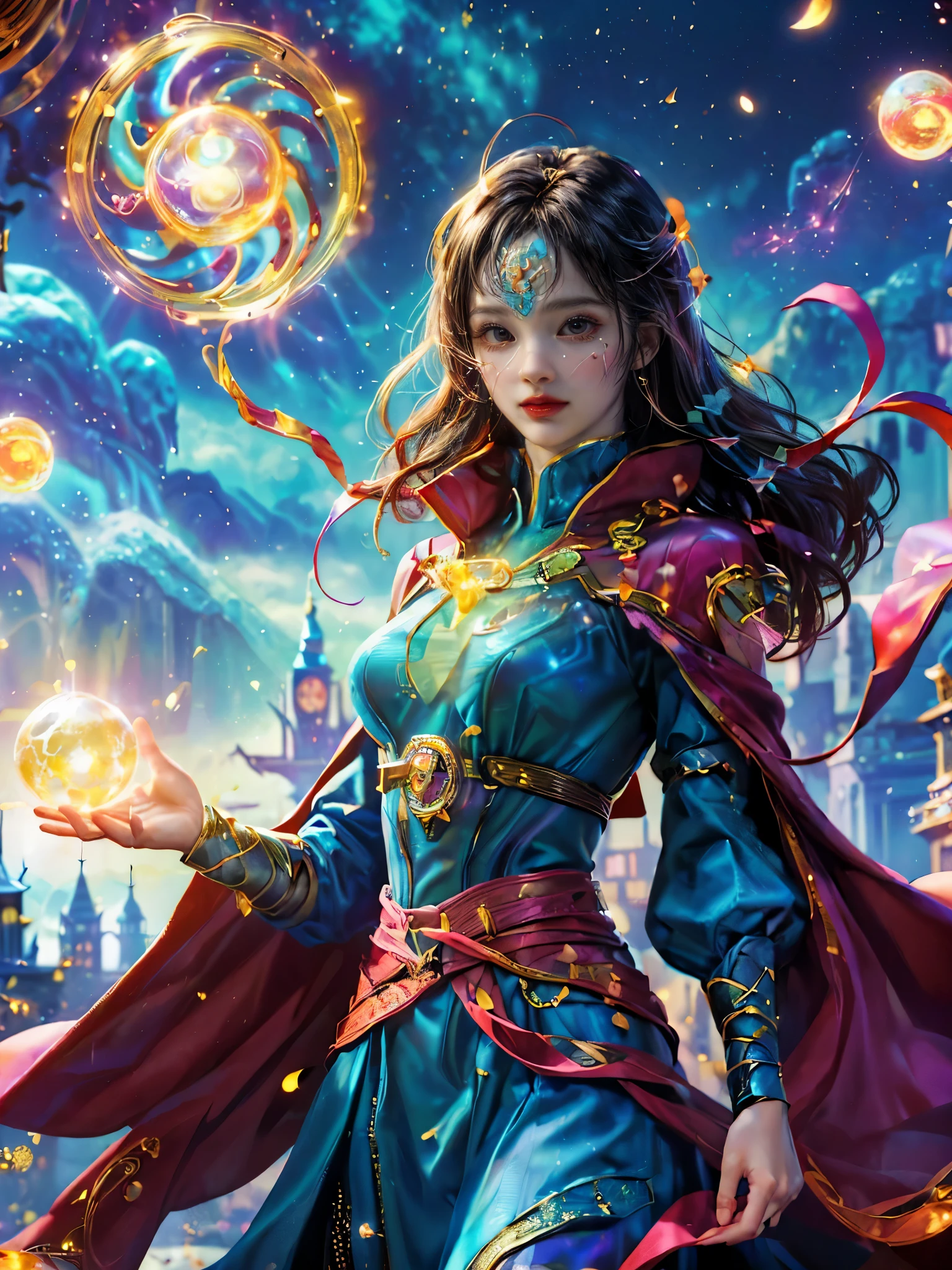 Sparkling, Marvel Universe Doctor Strange world, ((1 beautiful girl wearing Doctor Strange clothes: 1.2, sweet smile: 1.2)), the moon is empty, beautiful girl dressed as Doctor Strange, teaching wand, (hands wrapped around Magic light: 1.5), sky, full moon, fantasy magic style and other decorations, dreamy world, cute cartoon design style, Bubble Mart, bright colors, bright, 1.4 times realism, ultra-high definition, everything is displayed here in beautiful scene, (Flowers Watercolor:1.5), (Ultra high saturation, bright and vivid colors: 1.5), (nsfw), (Facing the viewer: 1.5)