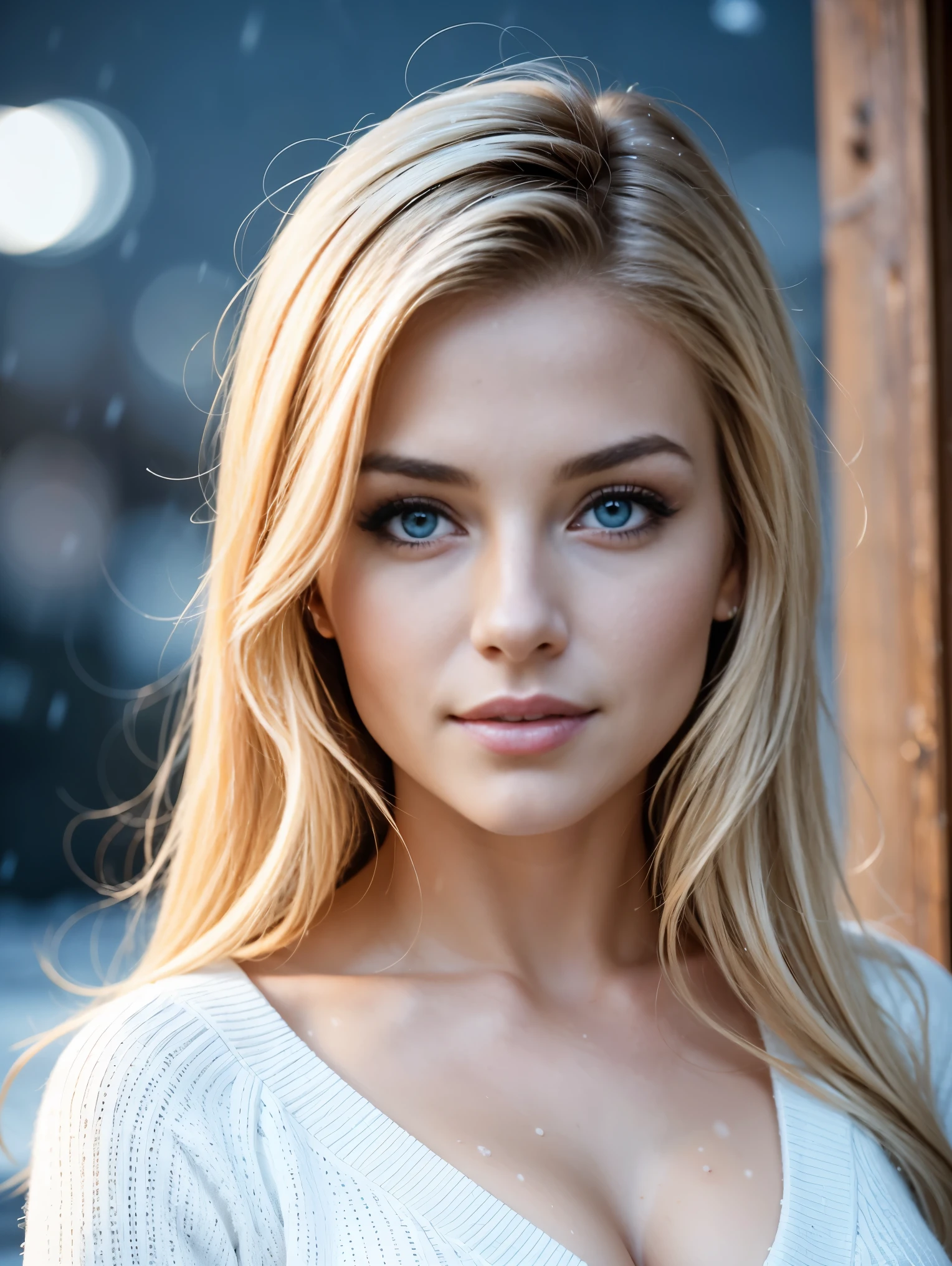 A woman with long blonde hair and blue eyes posing for a picture - SeaArt AI