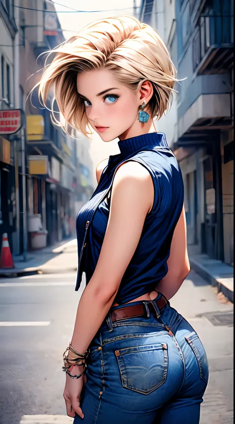 highest quality, High resolution, and 18, 1 girl, android 18, alone, blonde hair, blue eyes, short hair, laughter，earrings, jewe...