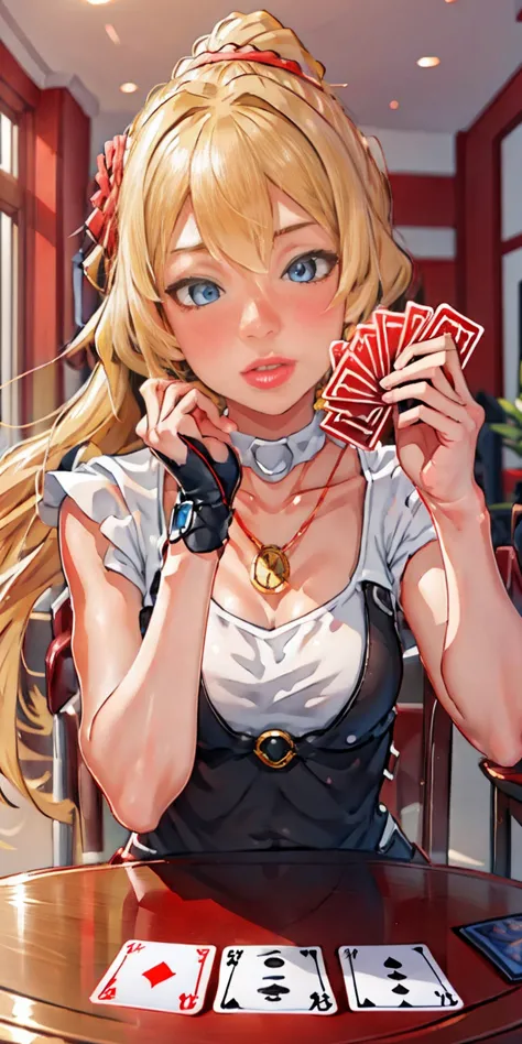 highly detailed, high quality, masterpiece, beautiful, playingcards, 1slave girl, solo, holding, card, table, holding card, sitt...