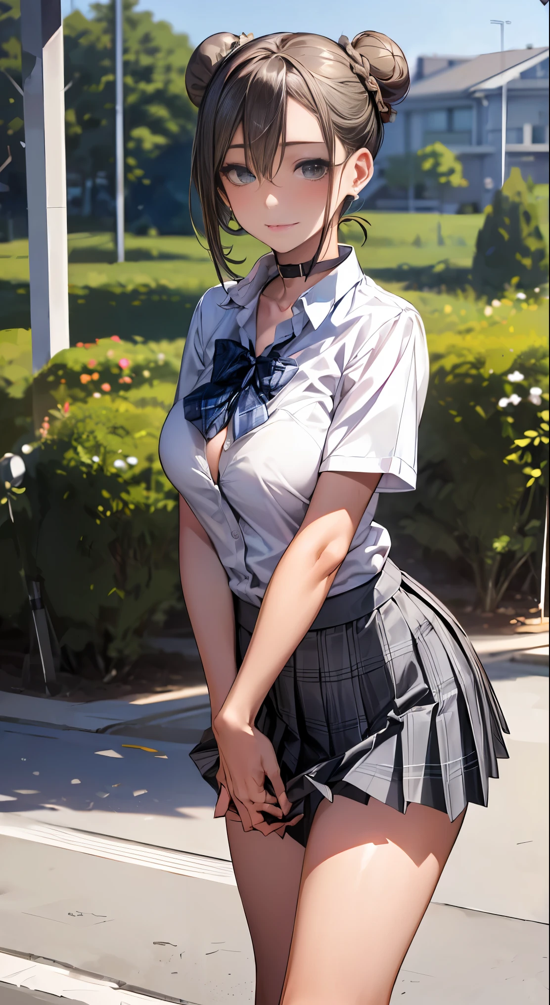 (masterpiece:1.2, highest quality), (realistic, photorealistic:1.4), beautiful illustrations, 
looking at the viewer, whole body, Front view:0.6, 
1 girl, Japanese, high School girl, (side bun:1.5), bangs, hair between eyes, big breasts:0.8, 
beautiful hair, beautiful face, beautiful and detailed eyes, beautiful clavicle, beautiful body, beautiful breasts, beautiful thighs, beautiful feet, beautiful fingers, 
(beautiful scenery), , School,
((Short sleeve shirt with collar, white shirt, , Grey plaid pleated skirt, Blue plaid bow tie)), white panties, 
(Are standing, , lift the skirt, Grab the hem of the skirt, put your hand on your chest, hand between legs), 
blush, ,
