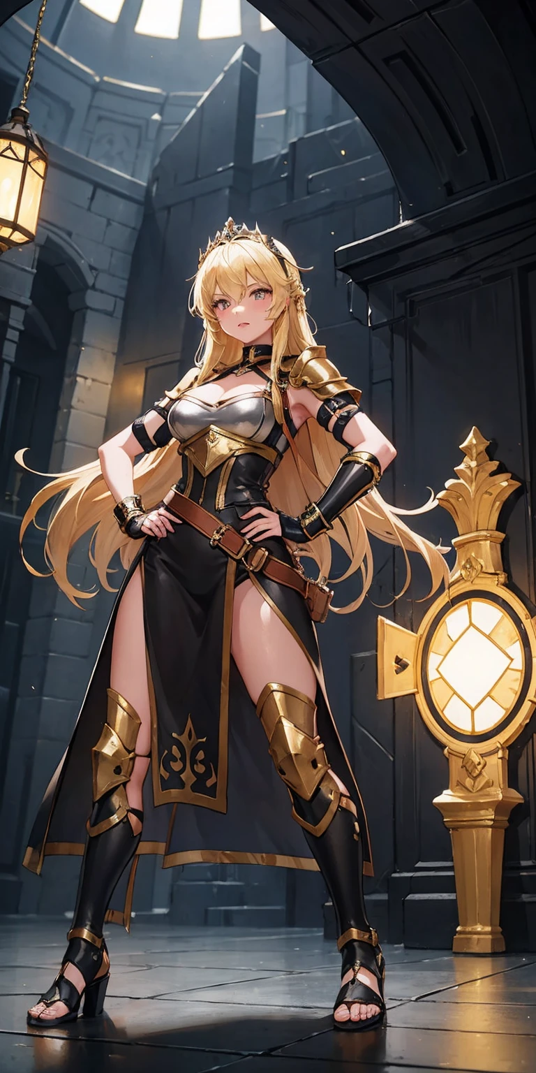 paladin lady in ornate golden armor, black collar, pauldrons, breastplate, corset, glowing halo, single braid, blonde, yellow glowing eyes, bright pupils, eye focus, red cape, temple indoors, stained glass windows, night, moonlight, particles, light beam, chromatic aberration, (full body, whole body. 1solo (girl). slave fighter, loincloth standing, hands on hips full body, whole body. 1solo (girl). slave fighter, loincloth standing, hands on hips, metal sandals, backpack, choker, big belt, view from below, feet together, bracers, tiara)
