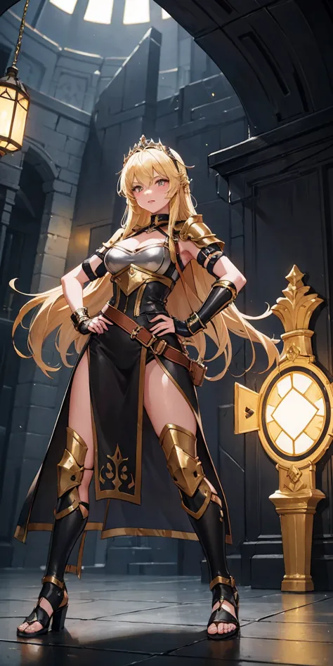 paladin lady in ornate golden armor, black collar, pauldrons, breastplate, corset, glowing halo, single braid, blonde, yellow gl...