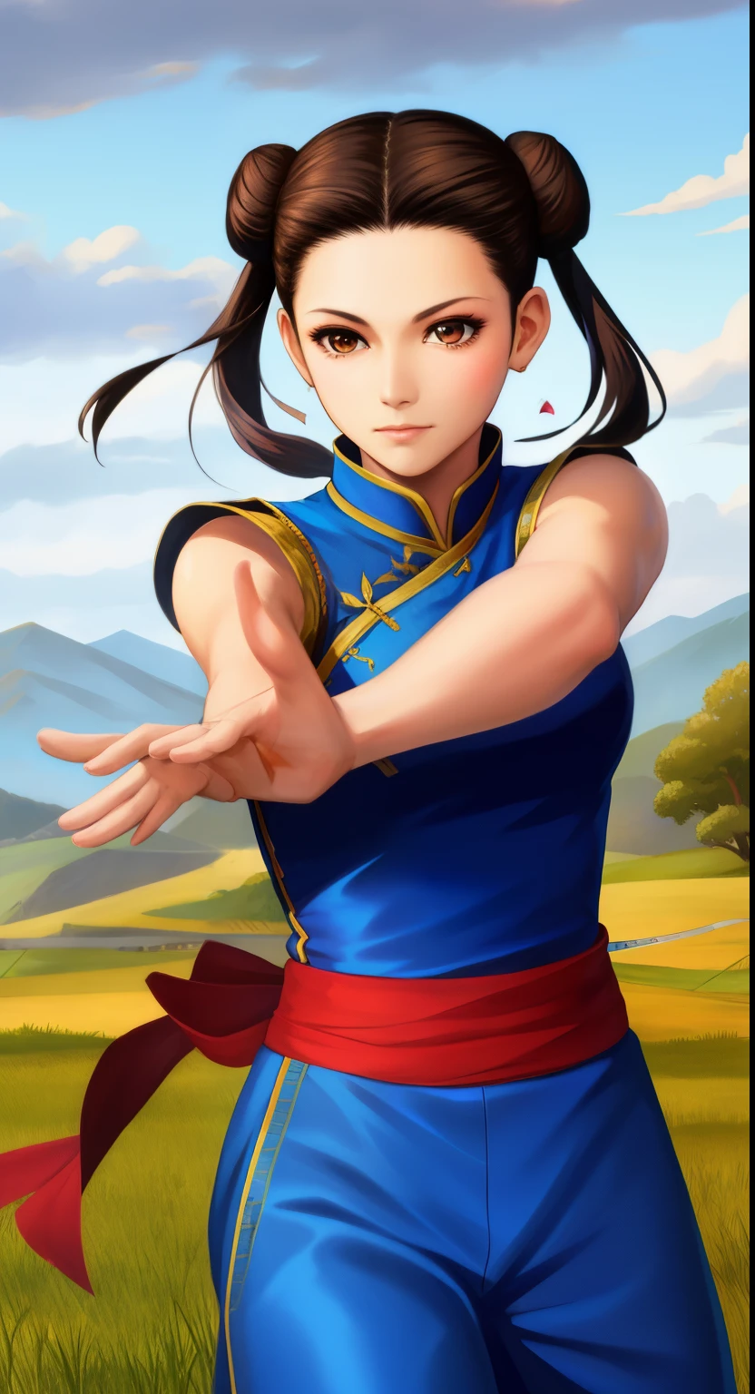 Paichang, Twin blades with blue ribbon, brown eyes, double bun,black hair, alone , Tai Chi stance, close,
Paiati,blue chinese dress, Red band, pants, No sleeve,
 blue sky, cloudy, evening, grassland, 
(Extremely detailed, beautiful detailed face, masterpiece, highest quality)   