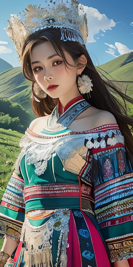 Photoréaliste, haute résolution, Lumière douce,1femme, seulement, hanches levées, peau brillante, (Visage détaillé), plateau,ciel bleu,Rizières,extrêmement détaillé,torogao, vêtements hmong, couronne