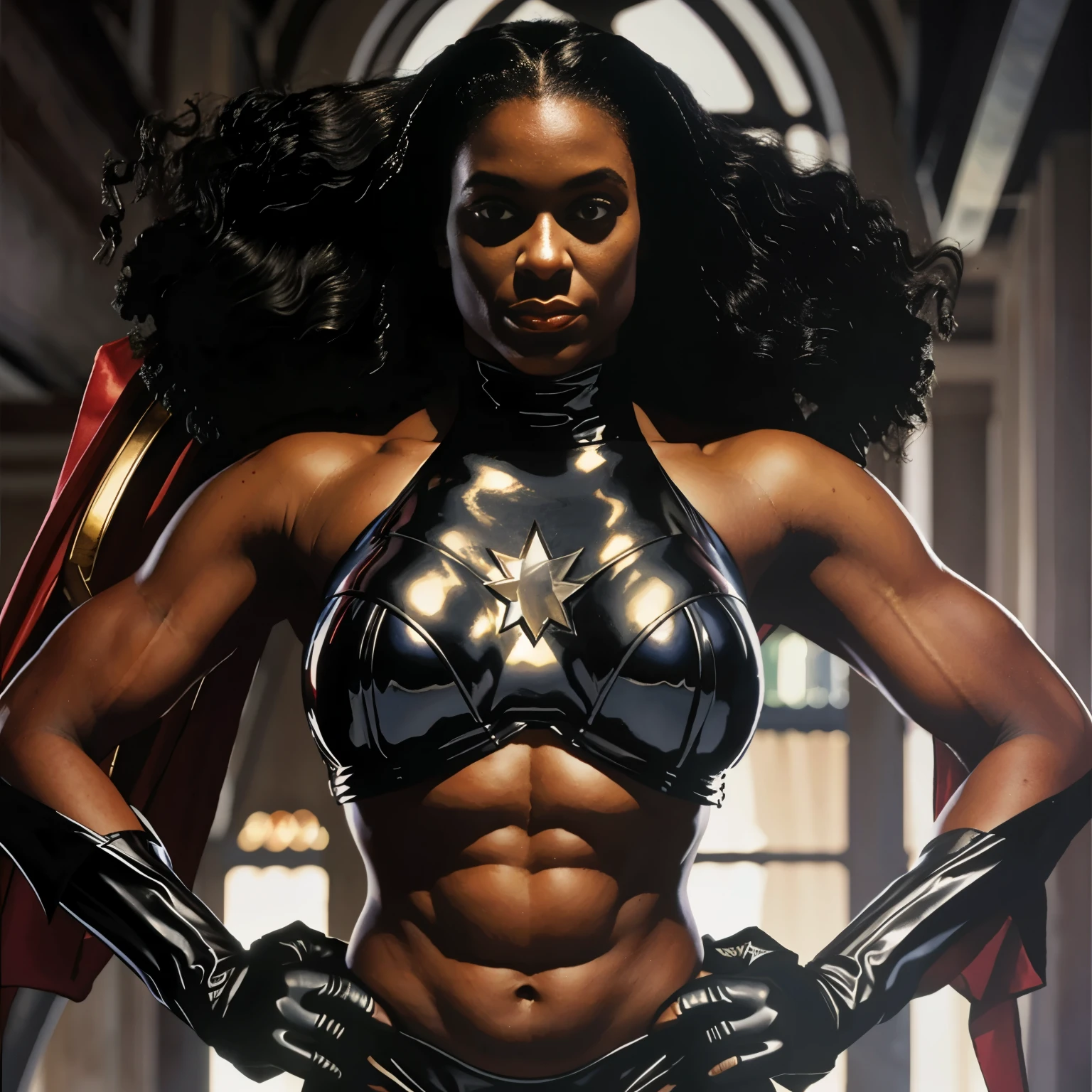 Super héroïne vêtue de cheveux afro bouclés noirs musclés noirs ART noir par Alex Ross 