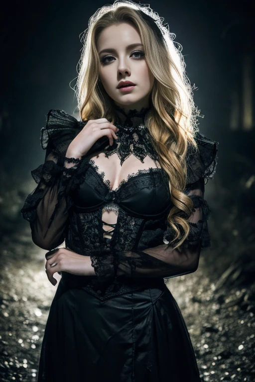 25岁欧洲女孩超写实photo,Appears in fog, in the dark night, original, beautiful woman, (Blonde extra long wavy hair), ((Detailed face:1.2)), ((detailed facial features)), (fine skin), pale skin, full body view,(High-detail skirt), dark style, gothic style,Detailed face, delicate eyes, (exquisite blonde),strict expression, Delicate skin, (Detailed clothes),view viewer, dramatic, energetic, sharp focus, The environment is dark,50mm,f1.2, EOS-1D X Mark III,(in the evening),permanent,(complex background), (Heavy makeup),at home，(Cold skin pores,dark colour, fantastic,complementary colors, Gothic unusual art masterpiece),dark effects，realistically，Surreal， High level of detail， depth of field， Details and sophistication， photo， HD， Effect， dark lighting， （Bokeh）， （（Beautiful big breasts））， （影院Effect）， （（tight clothes））） ， （（Detailed face and eyes）），full-body shot，dark Fantasy - dark Fantasy Castle，It was too dark， fantasy,dark， Nero，Smile，Grinning