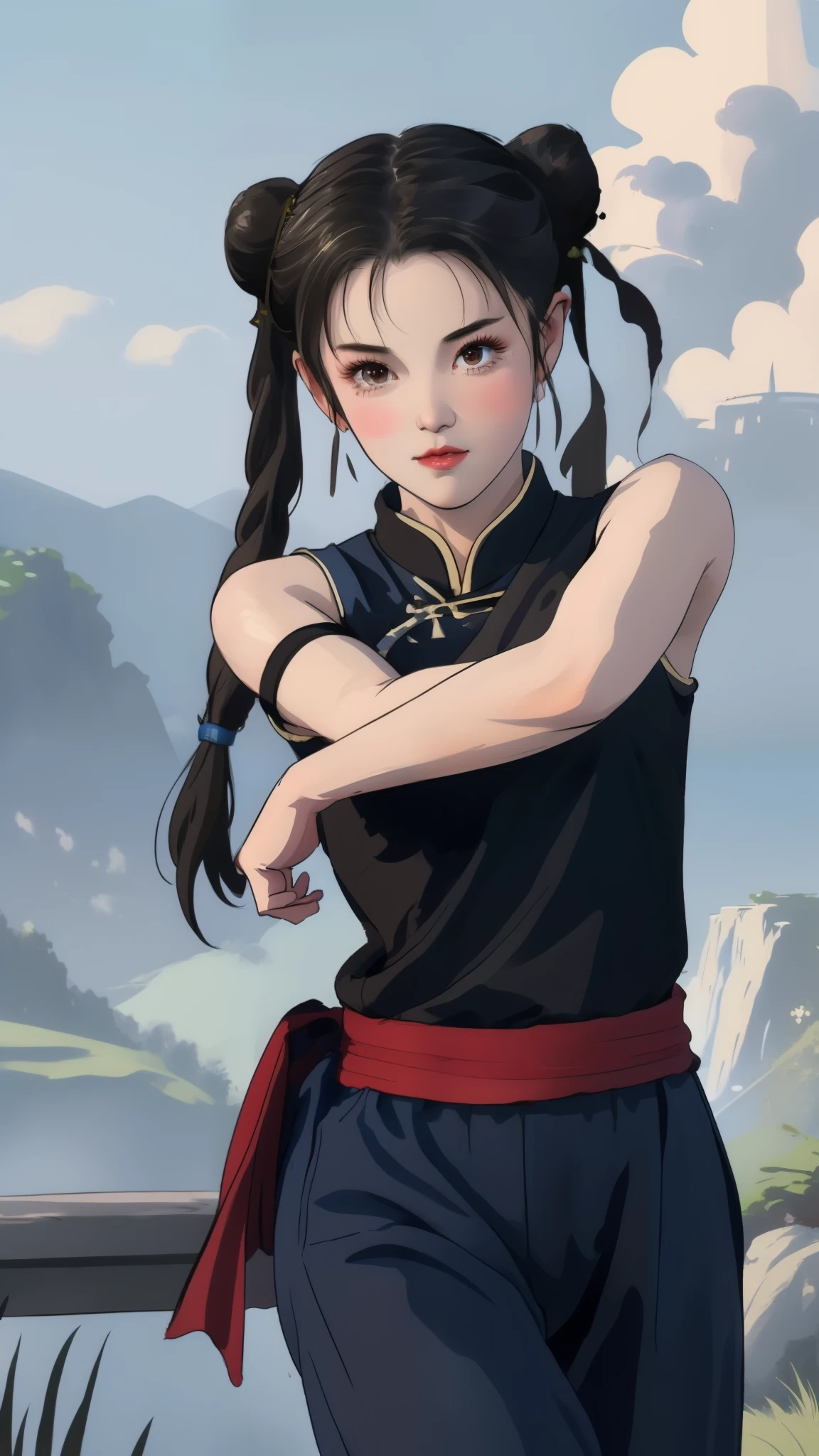 Paichang, Twin blades with blue ribbon, brown eyes, double bun,black hair, alone , Tai Chi stance, close,
Paiati,blue chinese dress, Red band, pants, No sleeve,
 blue sky, cloudy, evening, grassland, 
(Extremely detailed, beautiful detailed face, masterpiece, highest quality)   Close up of cartoon character with ponytail in field, portrait of Chunli, portrait of Chunli, Chunli, Chunli, Chunli, Inspired by Li Miki, Chunli at the gym, tifa lockhart portrait, highly detailed art germ, Kunoichi, Inspired by Zhu Lian, Inspired by Wu Li