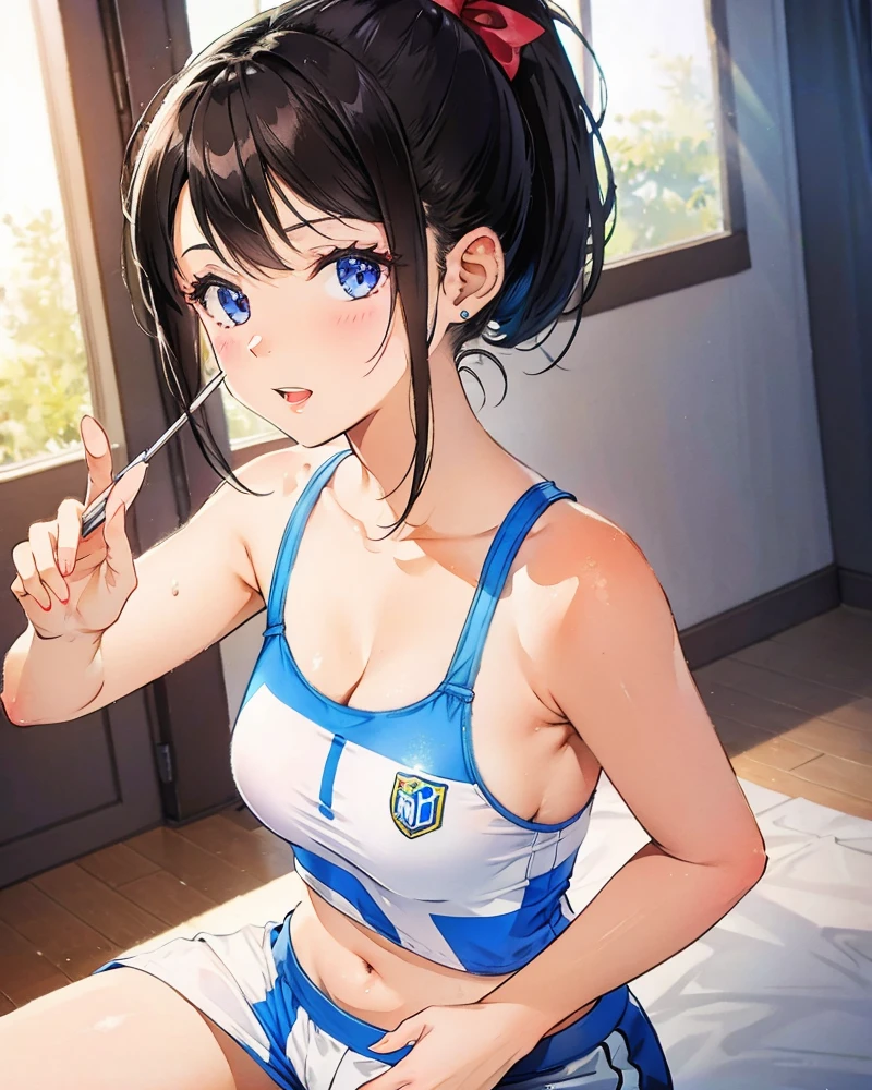 masterpiece))), 1 girl, ponytail, black hair, small breasts - SeaArt AI