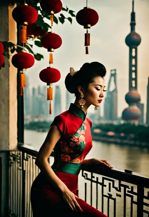 （in the 1940s, a fashionable shanghai beauty wearing a chinese cheongsam stood with her face facing the wall and her whole body ...