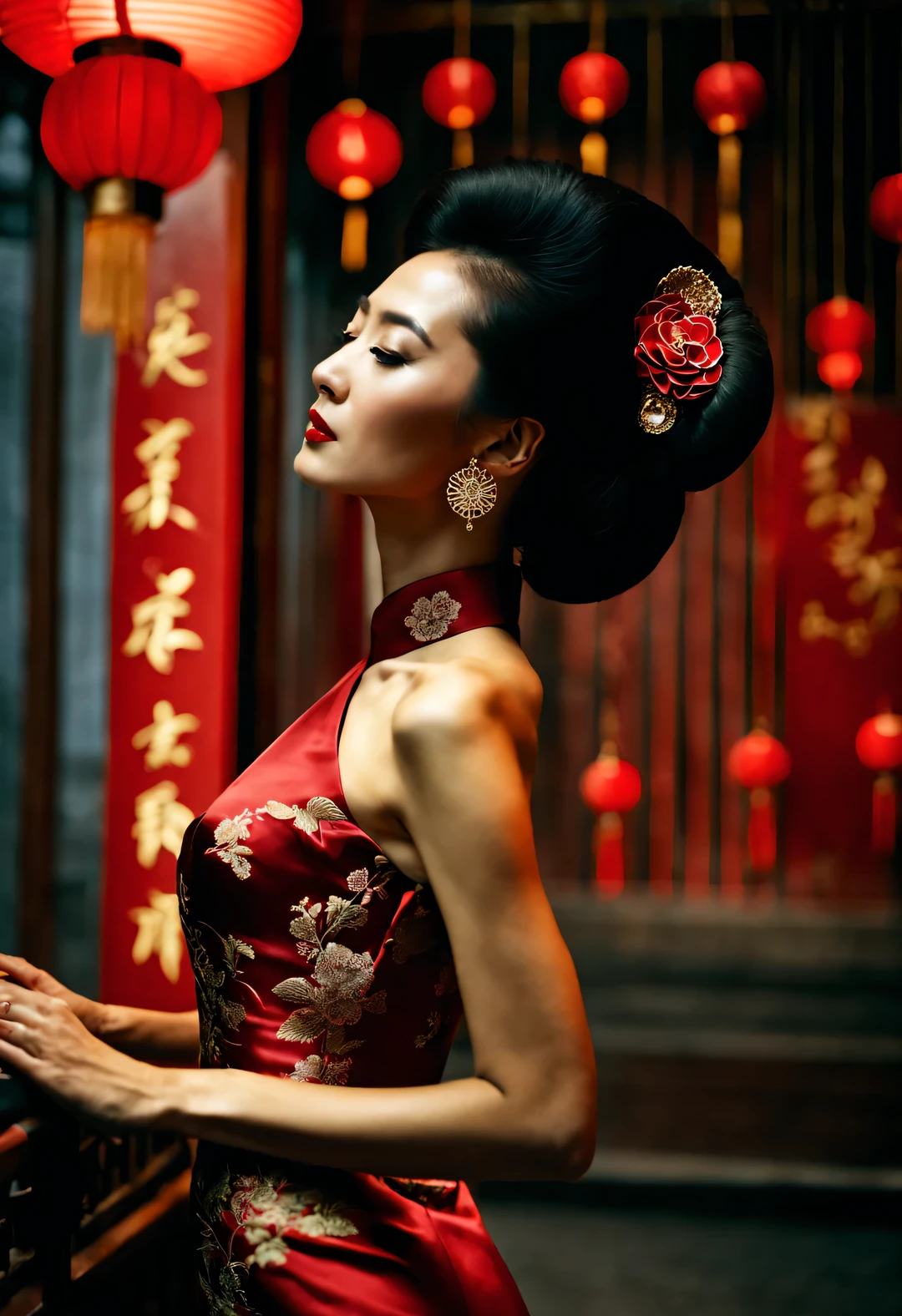 （In the 1940s, a fashionable Shanghai beauty wearing a Chinese cheongsam stood with her face facing the wall and her whole body meditating.），（Slender and graceful figure from the side of the whole body）），Beautiful decadent temperament，（Fashionable high bun in Shanghai during the period），The cheongsam grows with the body，（Looks like actress Maggie Cheung），The image is influenced by the style of the 1950s，（Wong Kar-wai""），Her whole body is a combination of dark red and dark green，She is a sexy and intellectual beauty，retro style photos，The eyes are like silk，This photo has a retro color aesthetic，In the summer，The beautiful and luxurious night Shanghai background and the clever combination of light and shadow，and narrative shooting techniques，The woman in the photo is wearing a cheongsam with a high collar，Very similar to the beautiful girl Maggie Cheung，The pattern of Chinese cheongsam is Suzhou embroidery hand-carved with roses，Earrings to express your personality，Shoes and bags match the overall design，The style of this photo is similar to Hermè&#39;s，