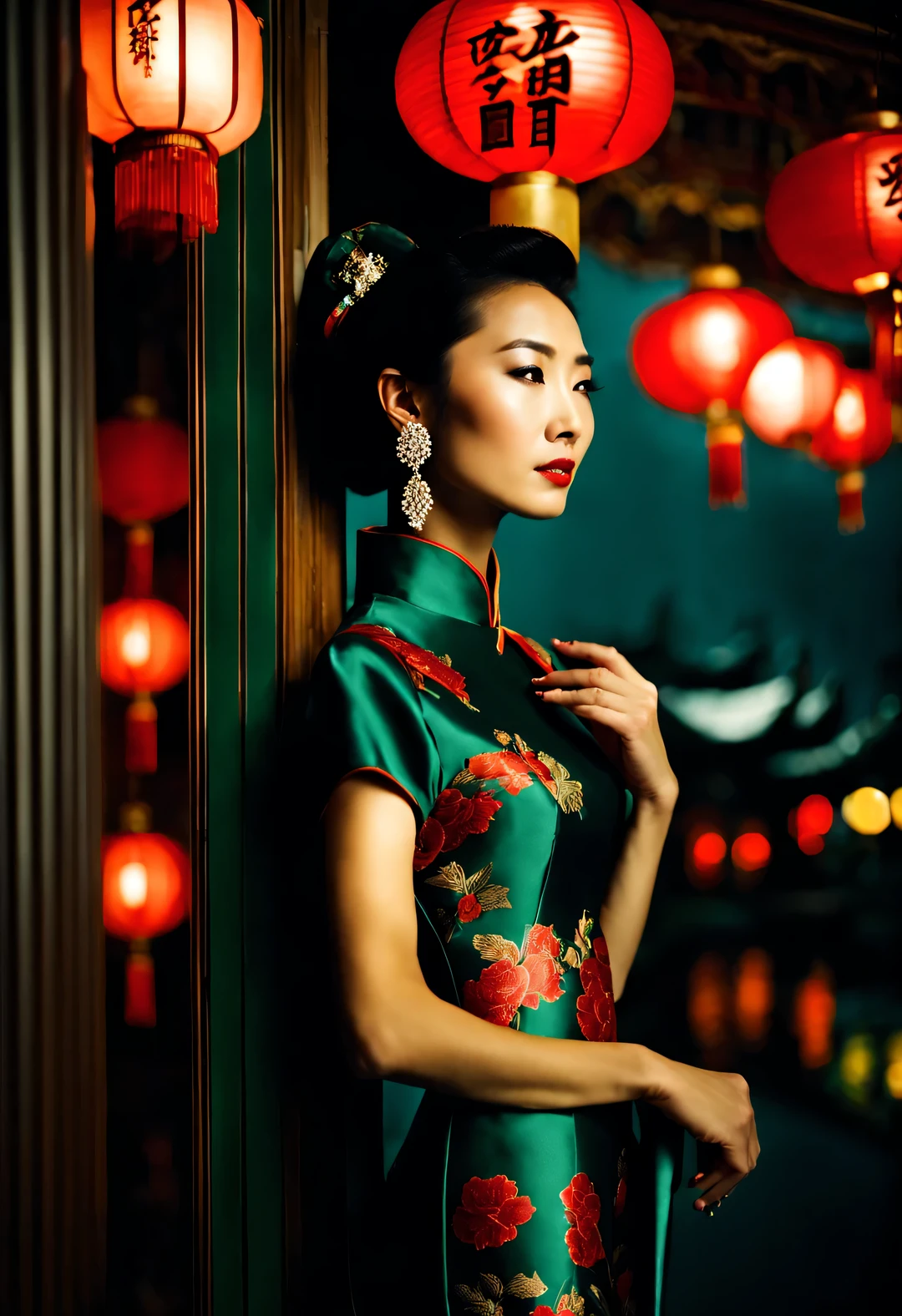 （In the 1940s, a fashionable Shanghai beauty wearing a Chinese cheongsam stood with her face facing the wall and her whole body meditating.），（Slender and graceful figure from the side of the whole body）），Beautiful decadent temperament，（Fashionable high bun in Shanghai during the period），The cheongsam grows with the body，（Looks like actress Maggie Cheung），The image is influenced by the style of the 1950s，（Wong Kar-wai""），Her whole body is a combination of dark red and dark green，She is a sexy and intellectual beauty，retro style photos，The eyes are like silk，This photo has a retro color aesthetic，In the summer，The beautiful and luxurious night Shanghai background and the clever combination of light and shadow，and narrative shooting techniques，The woman in the photo is wearing a cheongsam with a high collar，Very similar to the beautiful girl Maggie Cheung，The pattern of Chinese cheongsam is Suzhou embroidery hand-carved with roses，Earrings to express your personality，Shoes and bags match the overall design，The style of this photo is similar to Hermè&#39;s，