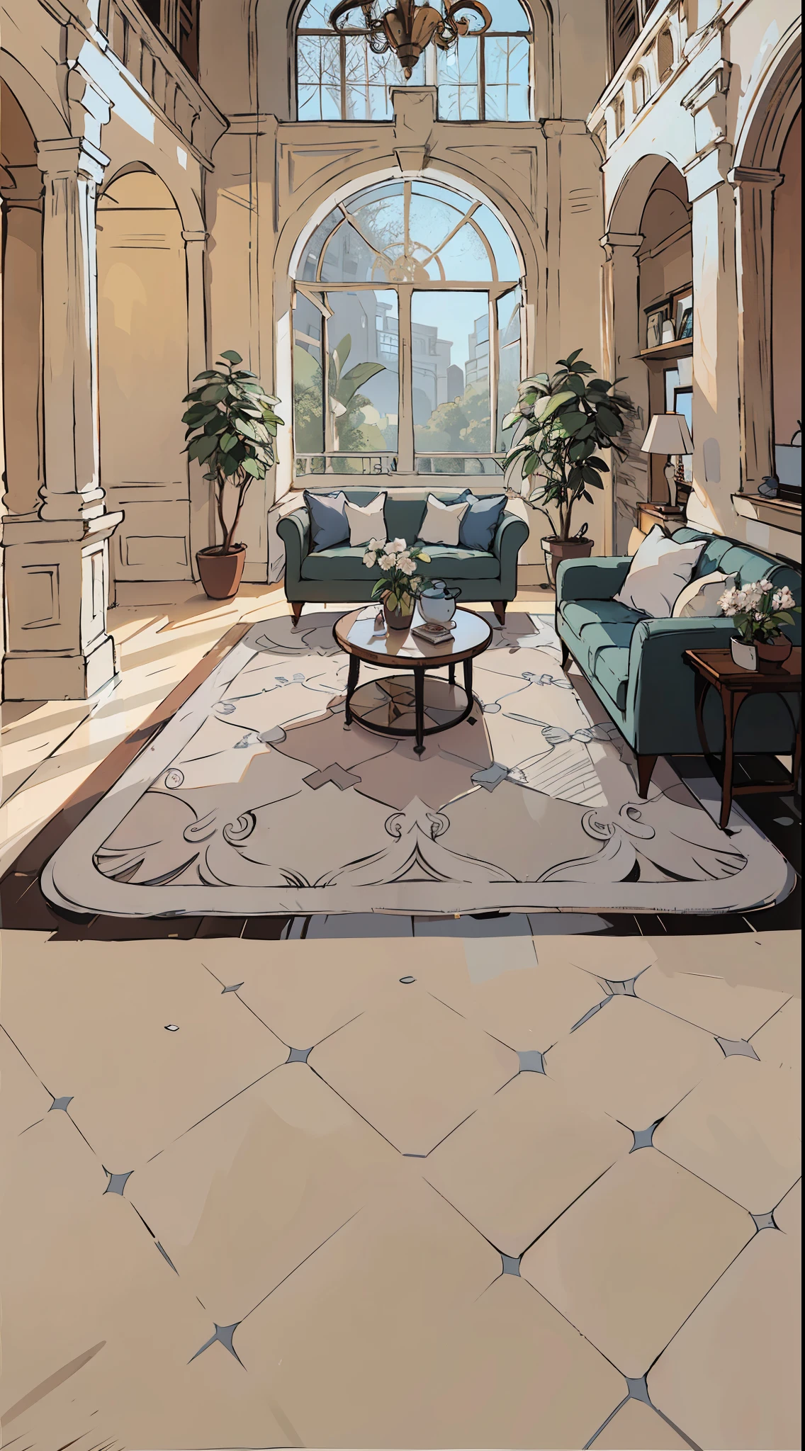 villa，Floor-to-ceiling windows，There are woods outside the window，white tile floor，Black tile inlay，white plaster pillars，White plaster wall，gold trim