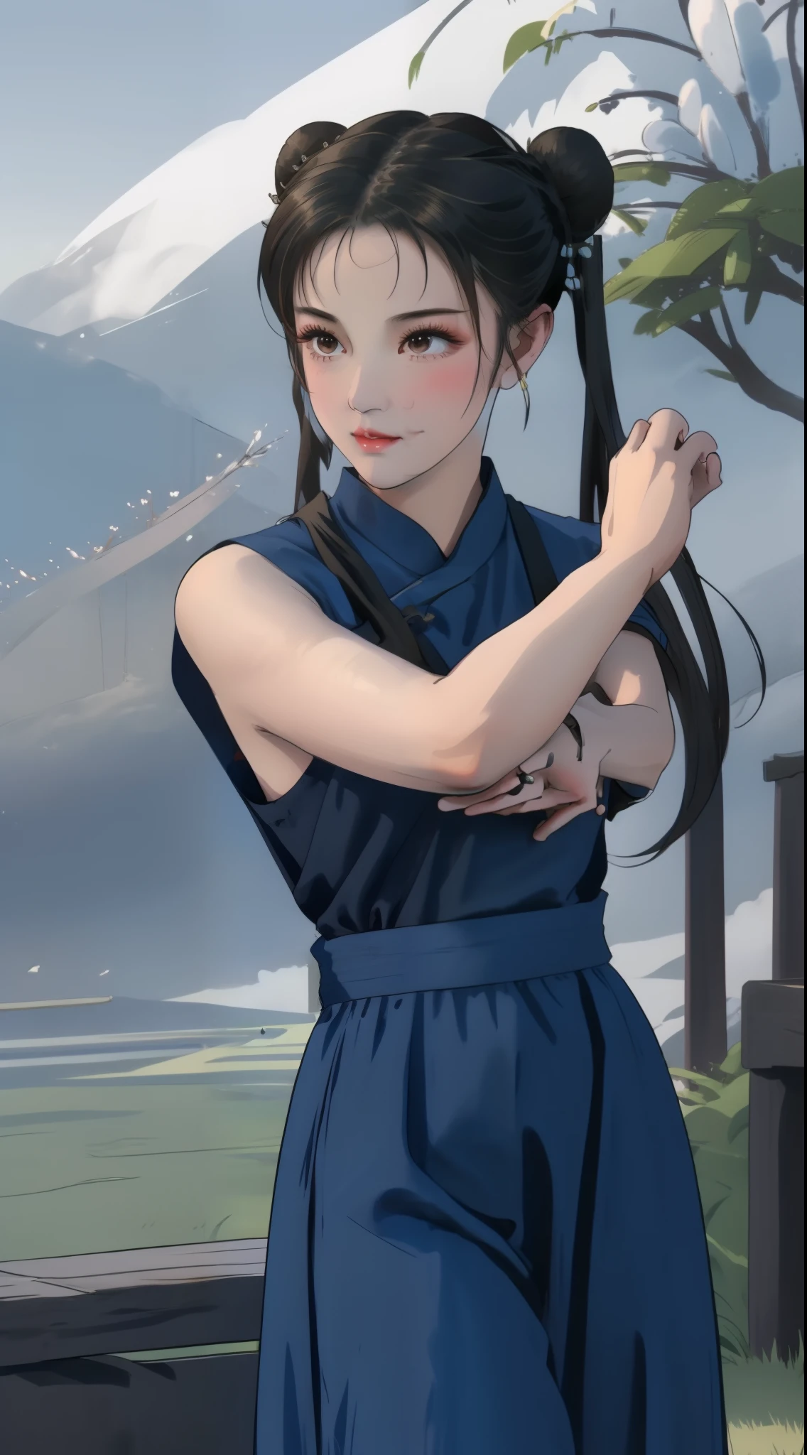 Paichang, Twin blades with blue ribbon, brown eyes, double bun,black hair, alone , Tai Chi stance, close,
Paiati,white chinese dress clothing, pink obi, pants, No sleeve,
 blue sky, cloudy, evening, grassland, 
(Extremely detailed, beautiful detailed face, masterpiece, highest quality)   Close up of cartoon character with ponytail in field, portrait of Chunli, portrait of Chunli, Chunli, Chunli, Chunli, Inspired by Li Miki, Chunli at the gym, tifa lockhart portrait, highly detailed art germ, Kunoichi, Inspired by Zhu Lian, Inspired by Wu Li
