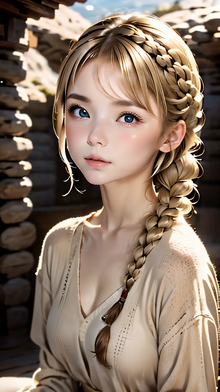 Angle corsé、Une femme、visage mignon、aussi々nouvelle expression、Japonais、Japonais、yeux gris、(((cheveux beiges)))、Tresse française、１６Talent、jolie chemise à imprimé de personnages、andes、assis sur une grosse pierre au sommet d&#39;une montagne、coucher de soleil、