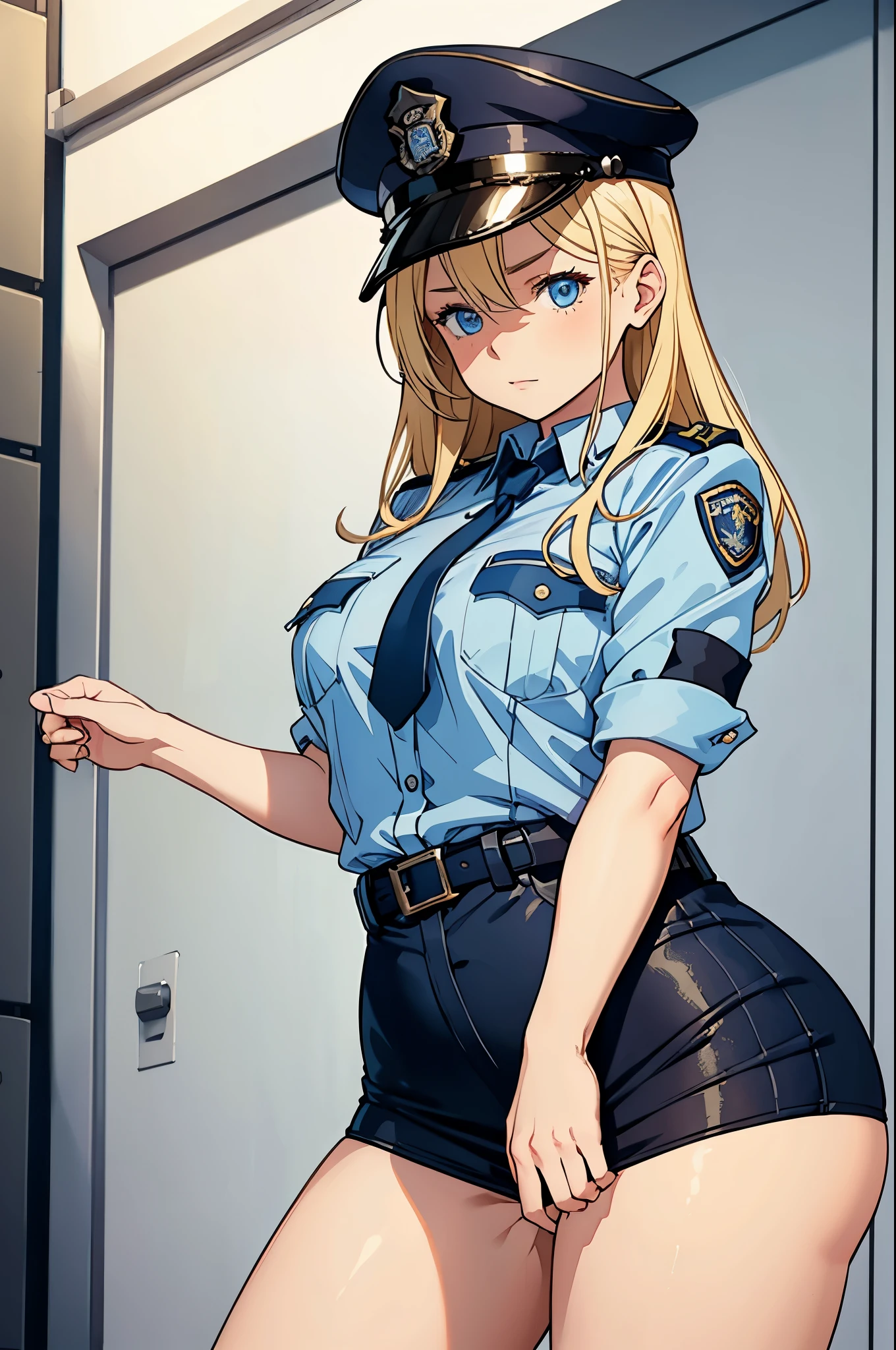 Cute girl, blond hair, blue eyes, cute, 15 years old, police hat, curvy, slim waist, police uniform at work