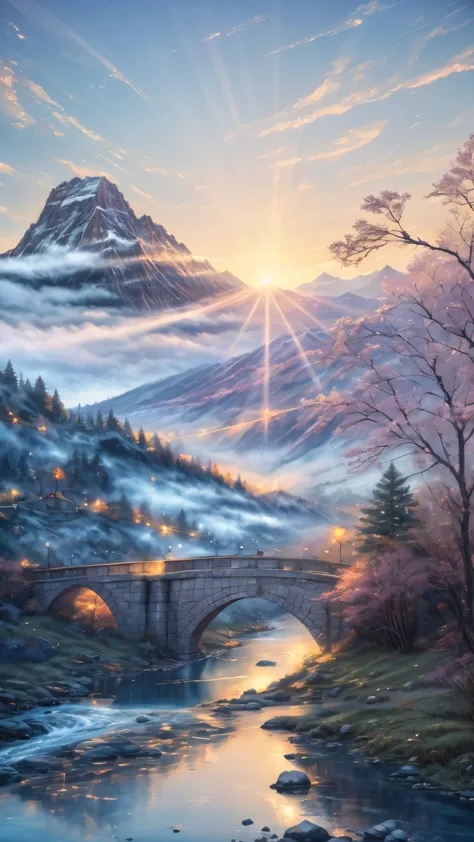 painting of a bridge over a river with a mountain in the background, beautiful art uhd 4 k, scenery artwork, anime art wallpaper...