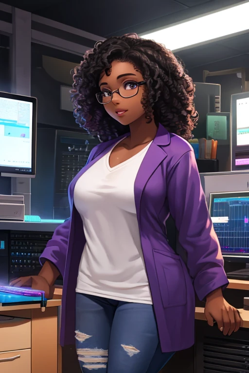 1 girl, curvy, black hair, curly hair, square glasses, latina, dark skin, lab coat, purple t-shirt, lab equipment, computer screens, ripped jeans, test tubes, holding test tube, standing in front of computer, detailed eyes, detailed lips, ultra-detailed, realistic, vivid colors, studio lighting, medium: oil painting, vibrant color palette, soft natural lighting