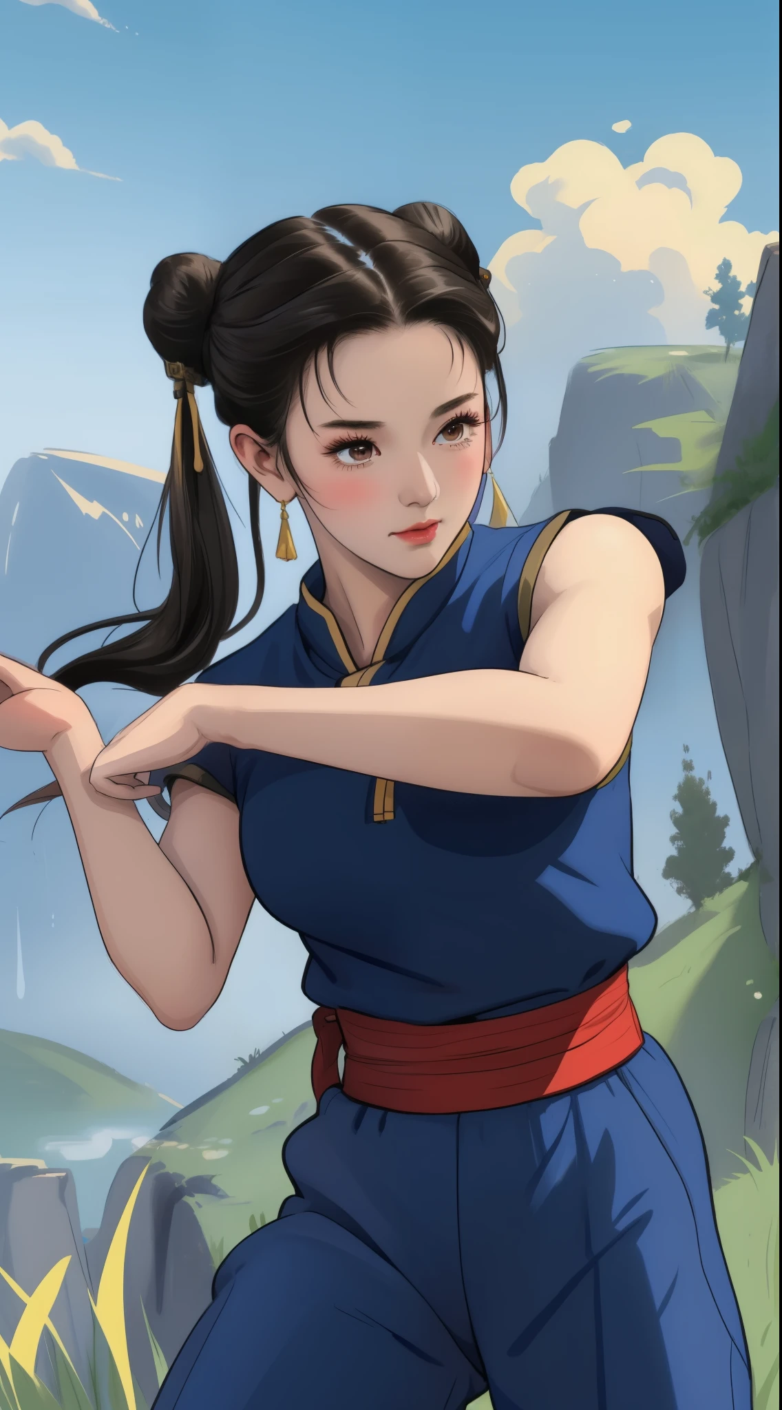 Paichang, Twin blades with blue ribbon, brown eyes, double bun,black hair, alone , Tai Chi stance, close,
Paiati,blue chinese dress, Red band, pants, No sleeve,
 blue sky, cloudy, evening, grassland, 
(Extremely detailed, beautiful detailed face, masterpiece, highest quality)   Close up of cartoon character with ponytail in field, portrait of Chunli, portrait of Chunli, Chunli, Chunli, Chunli, Inspired by Li Miki, Chunli at the gym, tifa lockhart portrait, highly detailed art germ, Kunoichi, Inspired by Zhu Lian, Inspired by Wu Li