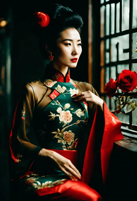 background：there is only one wall，（in the 1940s, a fashionable shanghai beauty wearing a chinese cheongsam looked at the wall an...