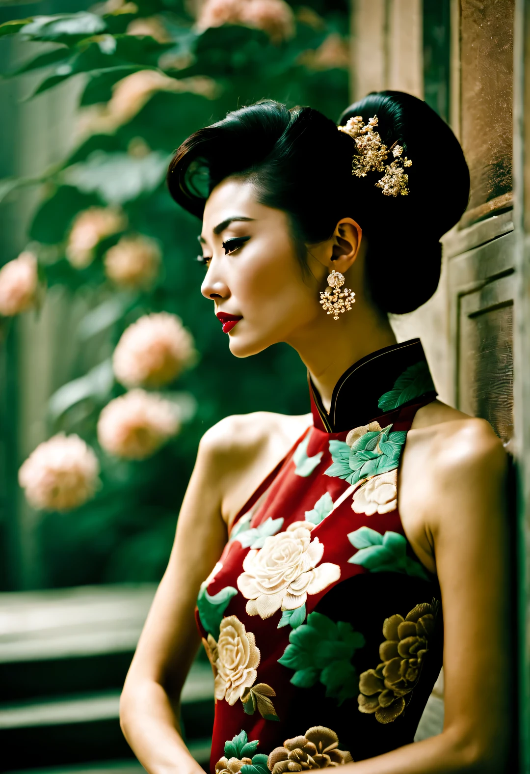 background：There is only one wall，（In the 1940s, a fashionable Shanghai beauty wearing a Chinese cheongsam looked at the wall and thought about her past.），（Slender and graceful figure from the side of the whole body）），Beautiful decadent temperament，（Fashionable high bun in Shanghai during the period），The cheongsam grows with the body，（Looks like actress Maggie Cheung），The image is influenced by the style of the 1950s，（Wong Kar-wai""），Her whole body is a combination of dark red and dark green，She is a sexy and intellectual beauty，retro style photos，The eyes are like silk，This photo has a retro color aesthetic，In the summer，An ingenious combination of beautiful and luxurious night scenes and light and shadow，and narrative shooting techniques，The woman in the photo is wearing a cheongsam with a high collar，Very similar to the beautiful girl Maggie Cheung，The pattern of Chinese cheongsam is Suzhou embroidery hand-carved with roses，Earrings to express your personality，Shoes and bags match the overall design，