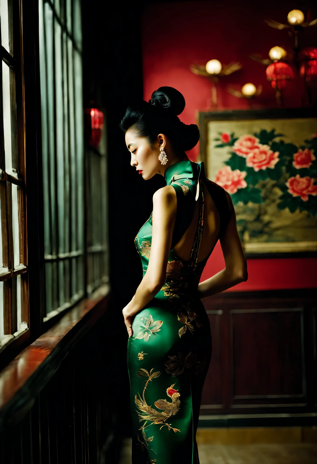 background：There is only one wall，（In the 1940s, a fashionable Shanghai beauty wearing a Chinese cheongsam looked at the wall and thought about her past.），（Slender and graceful figure from the side of the whole body）），Beautiful decadent temperament，（Fashionable high bun in Shanghai during the period），The cheongsam grows with the body，（Looks like actress Maggie Cheung），The image is influenced by the style of the 1950s，（Wong Kar-wai""），Her whole body is a combination of dark red and dark green，She is a sexy and intellectual beauty，retro style photos，The eyes are like silk，This photo has a retro color aesthetic，An ingenious combination of beautiful and luxurious night scenes and light and shadow，and narrative shooting techniques，The woman in the photo is wearing a cheongsam with a high collar，Very similar to the beautiful girl Maggie Cheung，The pattern of Chinese cheongsam is Suzhou embroidery hand-carved with roses，Earrings to express your personality，Shoes and bags match the overall design，