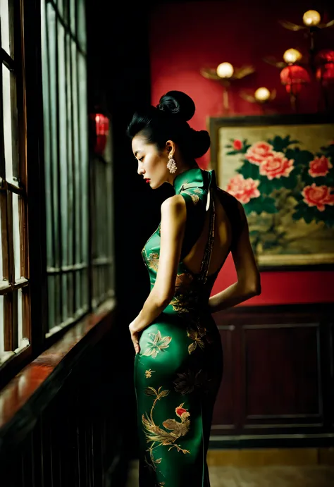 background：there is only one wall，（in the 1940s, a fashionable shanghai beauty wearing a chinese cheongsam looked at the wall an...