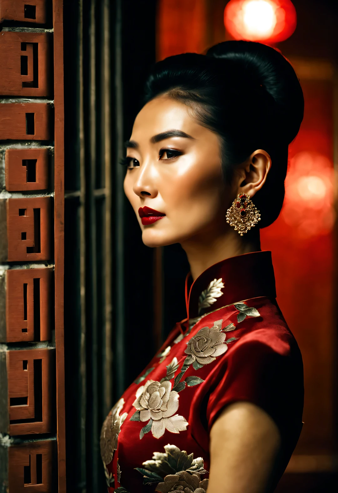 background：There is only one wall，（In the 1940s, a fashionable Shanghai beauty wearing a Chinese cheongsam looked at the brick wall and thought about her past.），（Slender and graceful figure from the side of the whole body）），Beautiful decadent temperament，（Fashionable high bun in Shanghai during the period），The cheongsam grows with the body，（Looks like actress Maggie Cheung），The image is influenced by the style of the 1950s，（Wong Kar-wai""），Her whole body is a combination of dark red and dark green，She is a sexy and intellectual beauty，retro style photos，The eyes are like silk，This photo has a retro color aesthetic，An ingenious combination of beautiful and luxurious night scenes and light and shadow，and narrative shooting techniques，The woman in the photo is wearing a cheongsam with a high collar，Very similar to the beautiful girl Maggie Cheung，The pattern of Chinese cheongsam is Suzhou embroidery hand-carved with roses，Earrings to express your personality，Shoes and bags match the overall design，