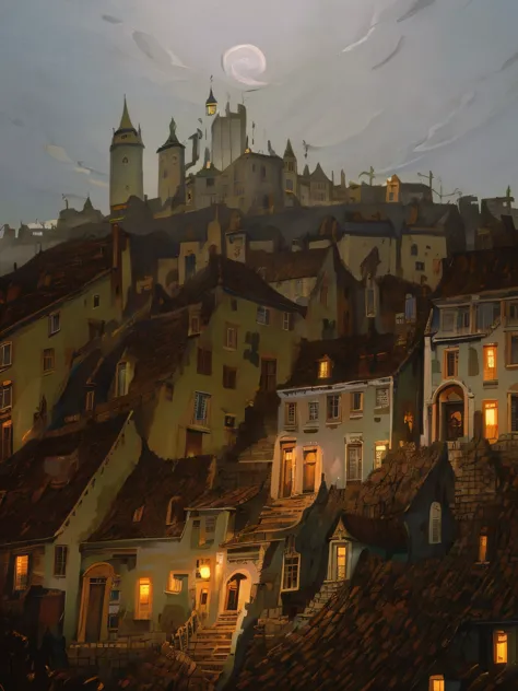 painting of a city at night with a horse and carriage, concept art inspired by Carl Spitzweg, cg society contest winner, conceptual art, stylized urban fantasy artwork, calm night. digital illustration, fantasy cityscape, howl\'s moving castle at night, tw...