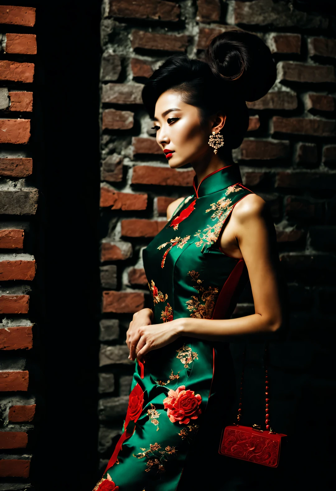 （background：just a brick wall），Vision（In the 1940s, a fashionable Shanghai beauty wearing a Chinese cheongsam looked down at the brick wall and thought about her past.），（Slender and graceful figure from the side of the whole body）），Beautiful decadent temperament，（Fashionable high bun in Shanghai during the period），The cheongsam grows with the body，（Looks like actress Maggie Cheung），The image is influenced by the style of the 1950s，（Wong Kar-wai""），Her whole body is a combination of dark red and dark green，She is a sexy and intellectual beauty，retro style photos，The eyes are like silk，This photo has a retro color aesthetic，An ingenious combination of beautiful and luxurious night scenes and light and shadow，and narrative shooting techniques，The woman in the photo is wearing a cheongsam with a high collar，Very similar to the beautiful girl Maggie Cheung，The pattern of Chinese cheongsam is Suzhou embroidery hand-carved with roses，Earrings to express your personality，Shoes and bags match the overall design，