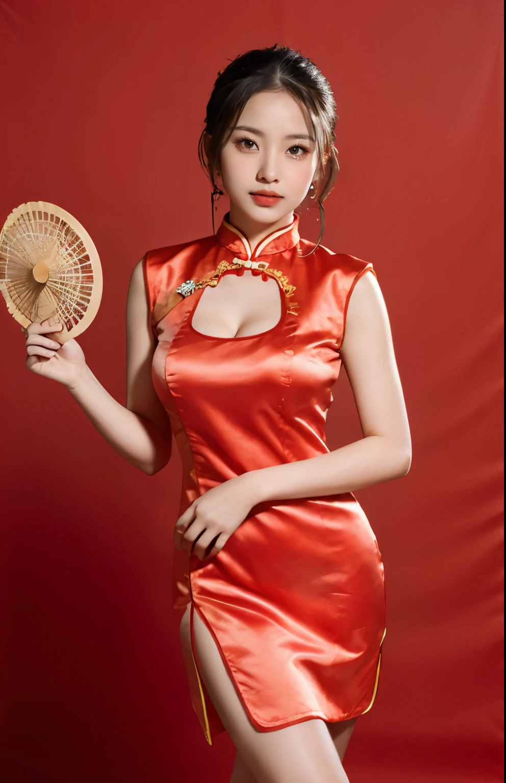 A close up of a woman in a red dress holding a fan - SeaArt AI