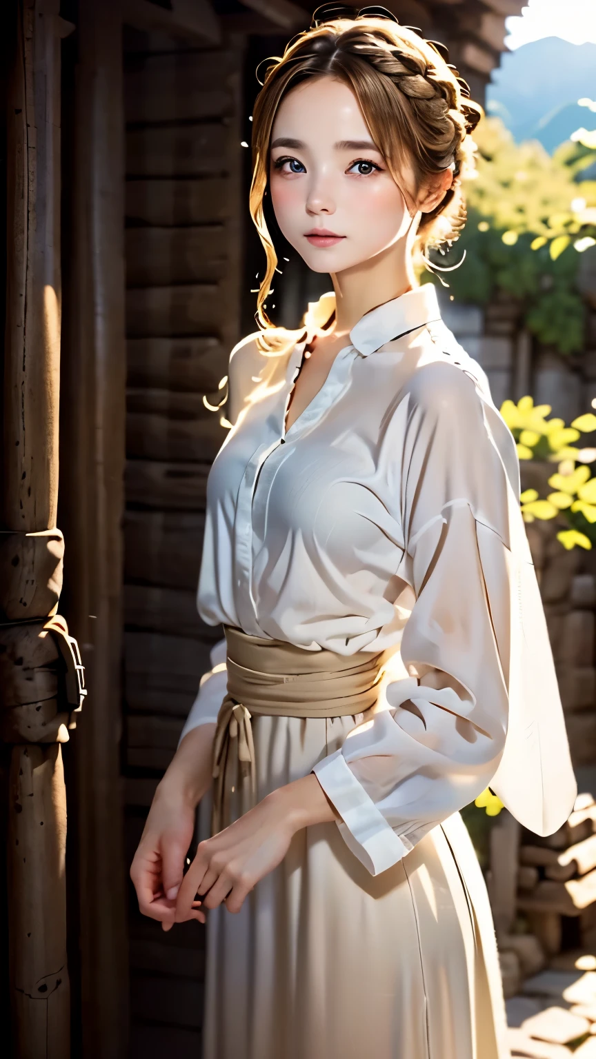 one woman、cute face、Rin々new expression、Japanese、Japanese、、gray eyes、beige hair、french braid、１６talent、white shirt、デニムのlong skirt、long skirt、Machu Picchu、sunset、highest quality、ultra high resolution、master piece:1.3，８ｋ、Precise finish、unreasonable、