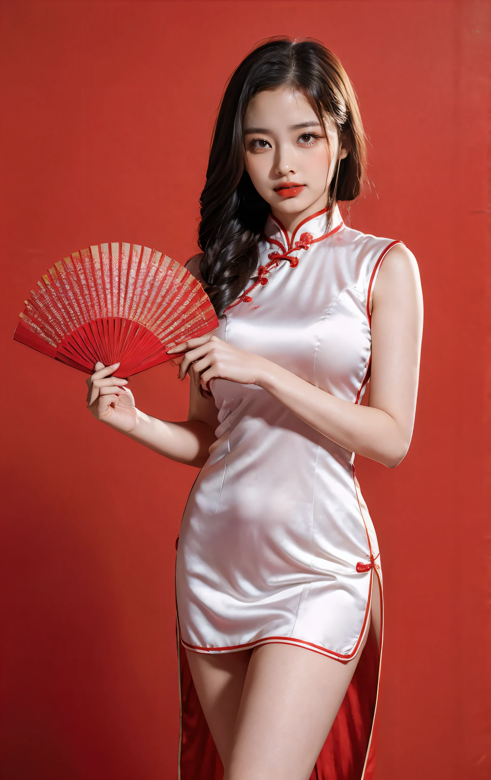 A woman in a white dress holding a red fan - SeaArt AI