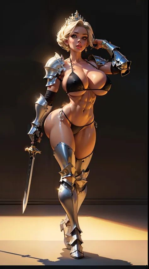 woman, bobcut, blondehair, ((black skin:1.4)), adorned in medieval armor, twerking, metal muscles, emanating a medieval elegance and marvel, armor pump boots, chrome bra, chrome silver tiara, small armband, (shoulder armor), gauntlets, ((armored bikini:1.4...