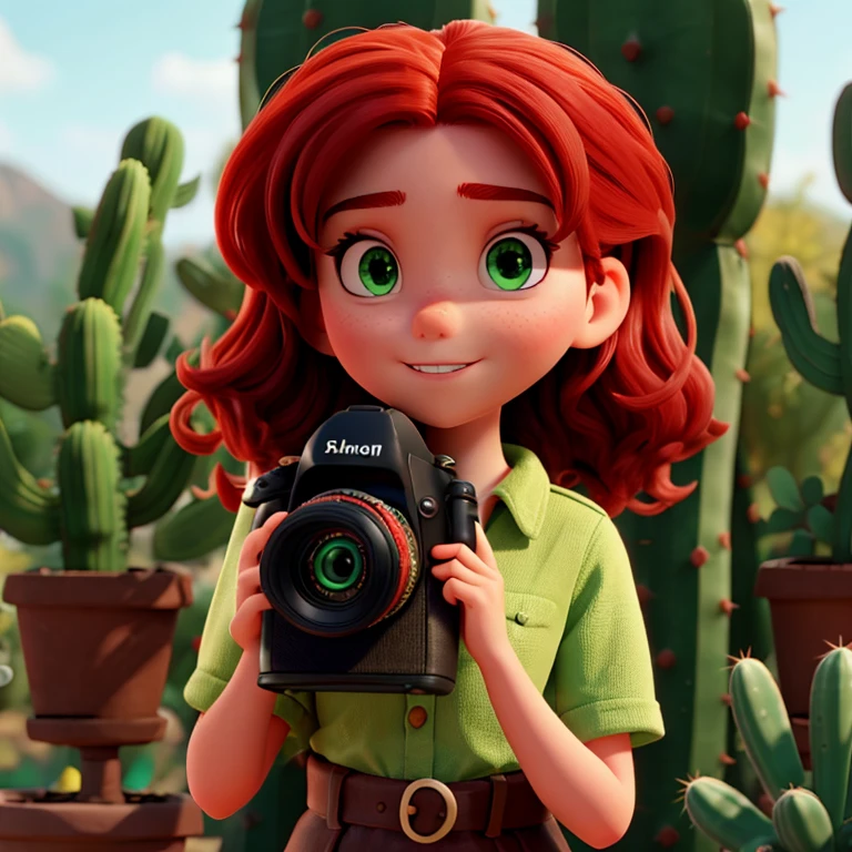 Girl with red hair green eyes holding a camera in front of a cactus