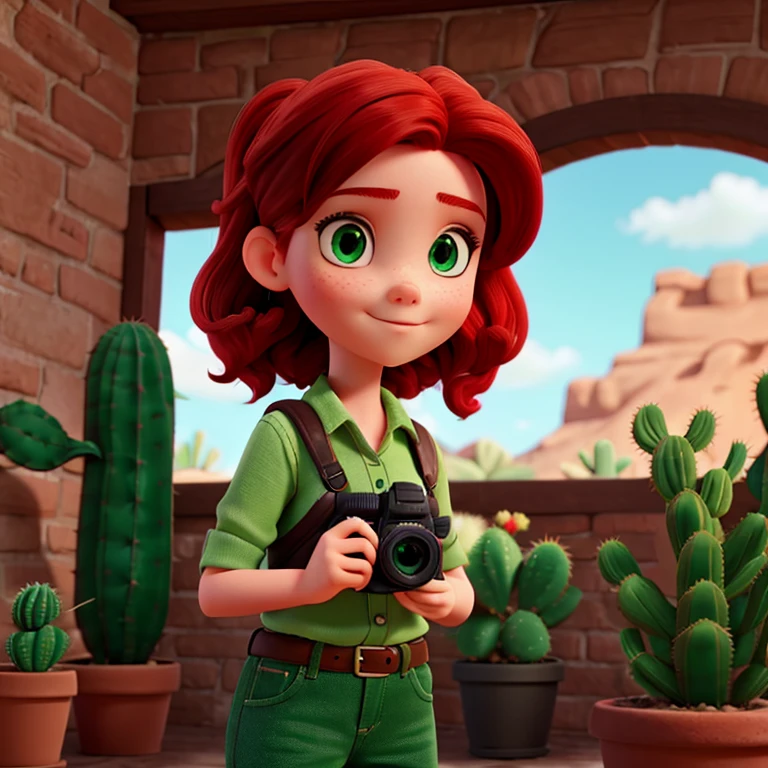 Girl with red hair green eyes holding a camera in front of a cactus