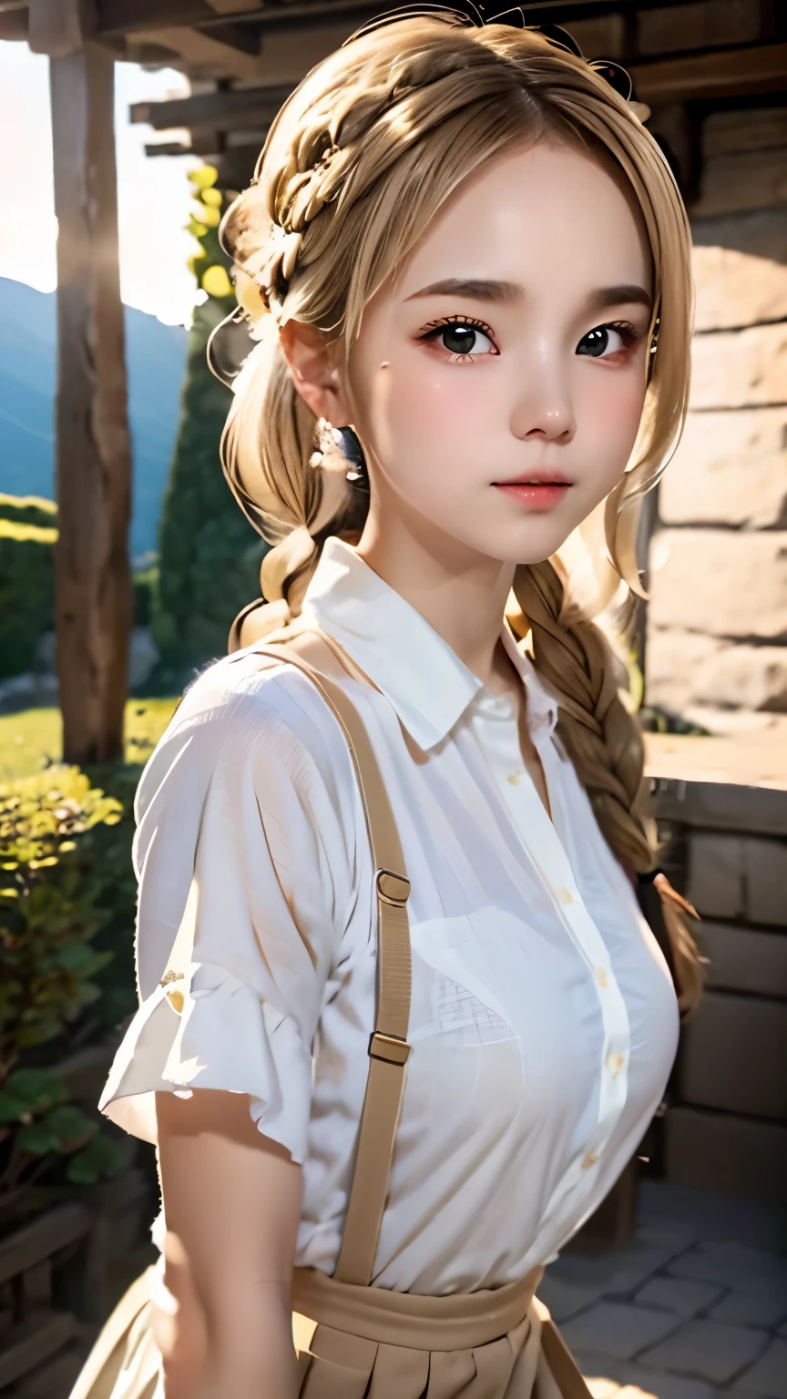 one woman、cute face、Rin々new expression、Japanese、Japanese、、gray eyes、beige hair、french braid、１６talent、white shirt、デニムのlong skirt、long skirt、Machu Picchu、sunset、highest quality、ultra high resolution、master piece:1.3，８ｋ、Precise finish、unreasonable